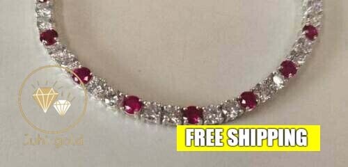 Deli1cate 14K White Gold Plated 12.0CT Round Simulated Ruby Tennis Necklace 16”