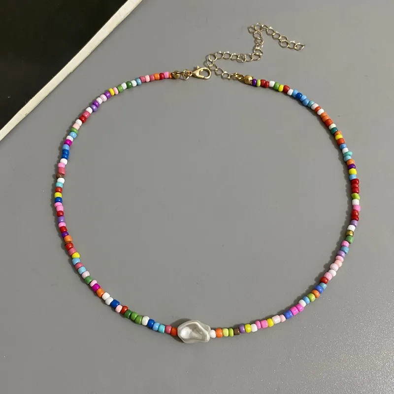 Fashion Boho Beads Necklace Women Imitation Pearl Seed Beaded Strand Short Choke