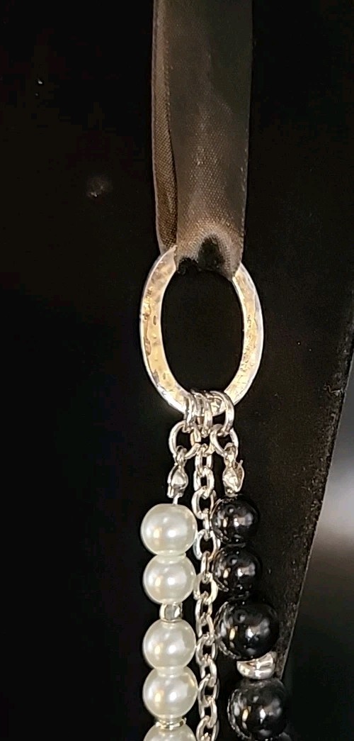 NY 41″ Adjustable Layered Necklace Faux Pearls, Silvertoned Chain, Black Acrylic