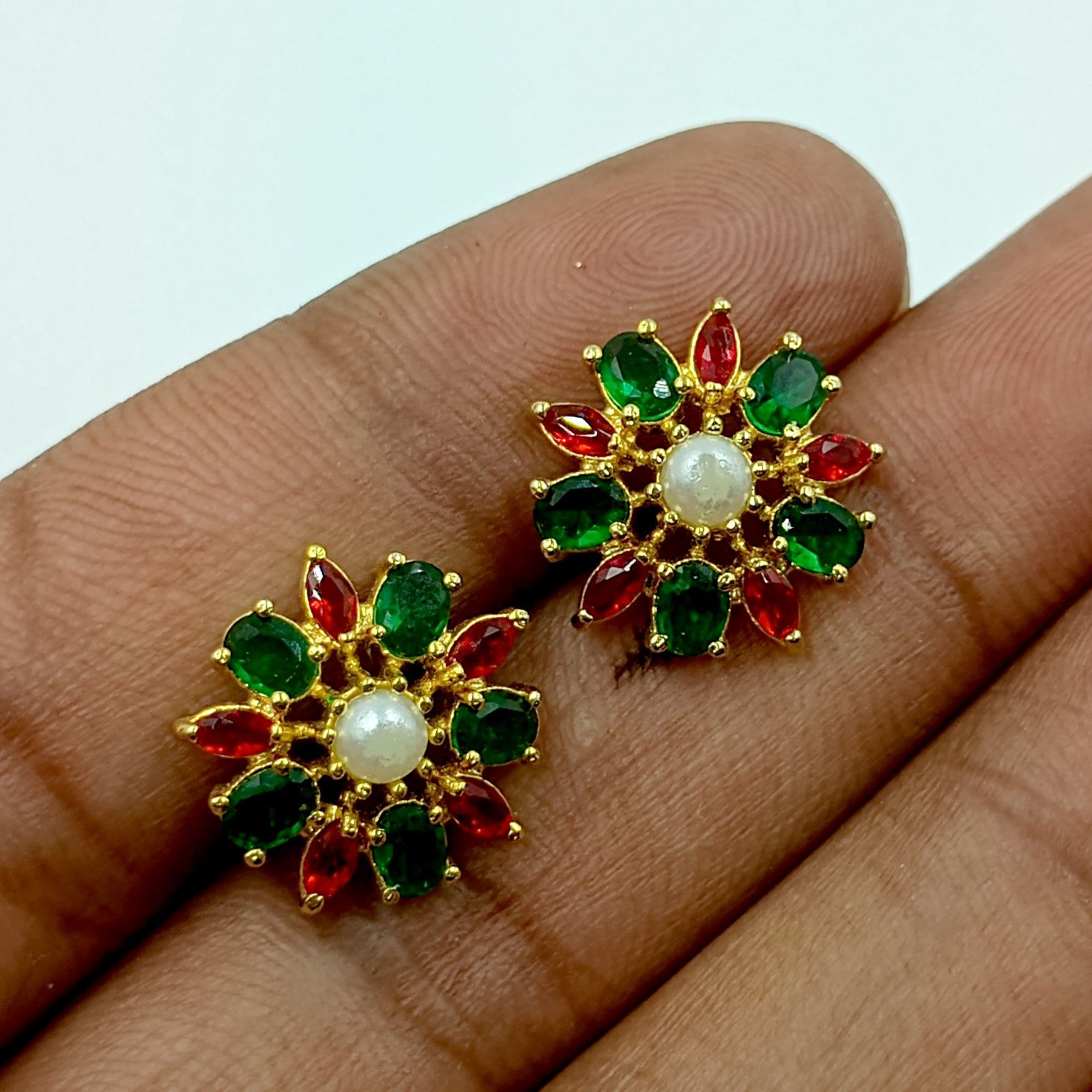 Elegant Ruby Emerald Pearl Stud Earrings 22k Gold Plated Indian Ethnic Jewelry