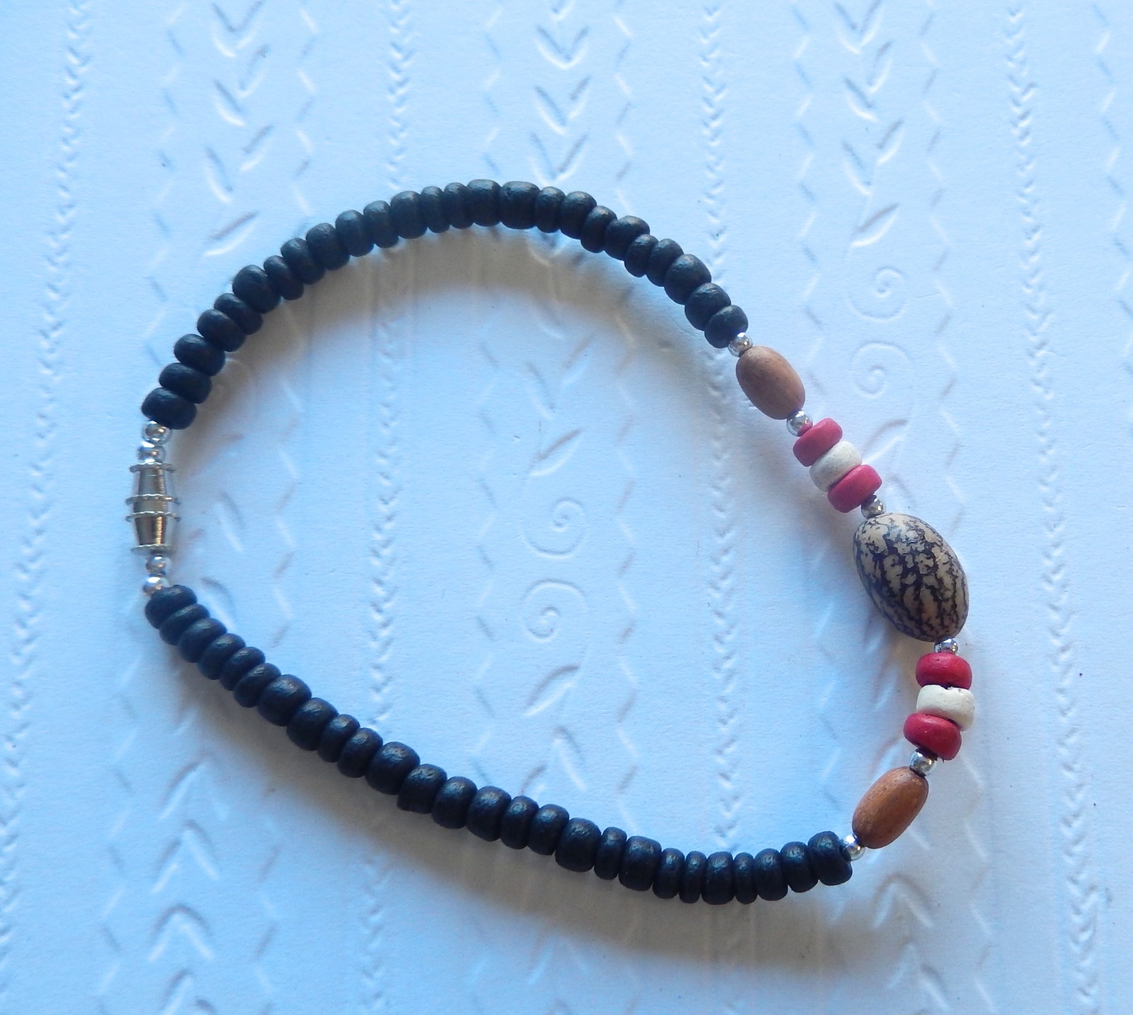 Anklet -Wood Beads-black red brown beige silver -10 inches long–