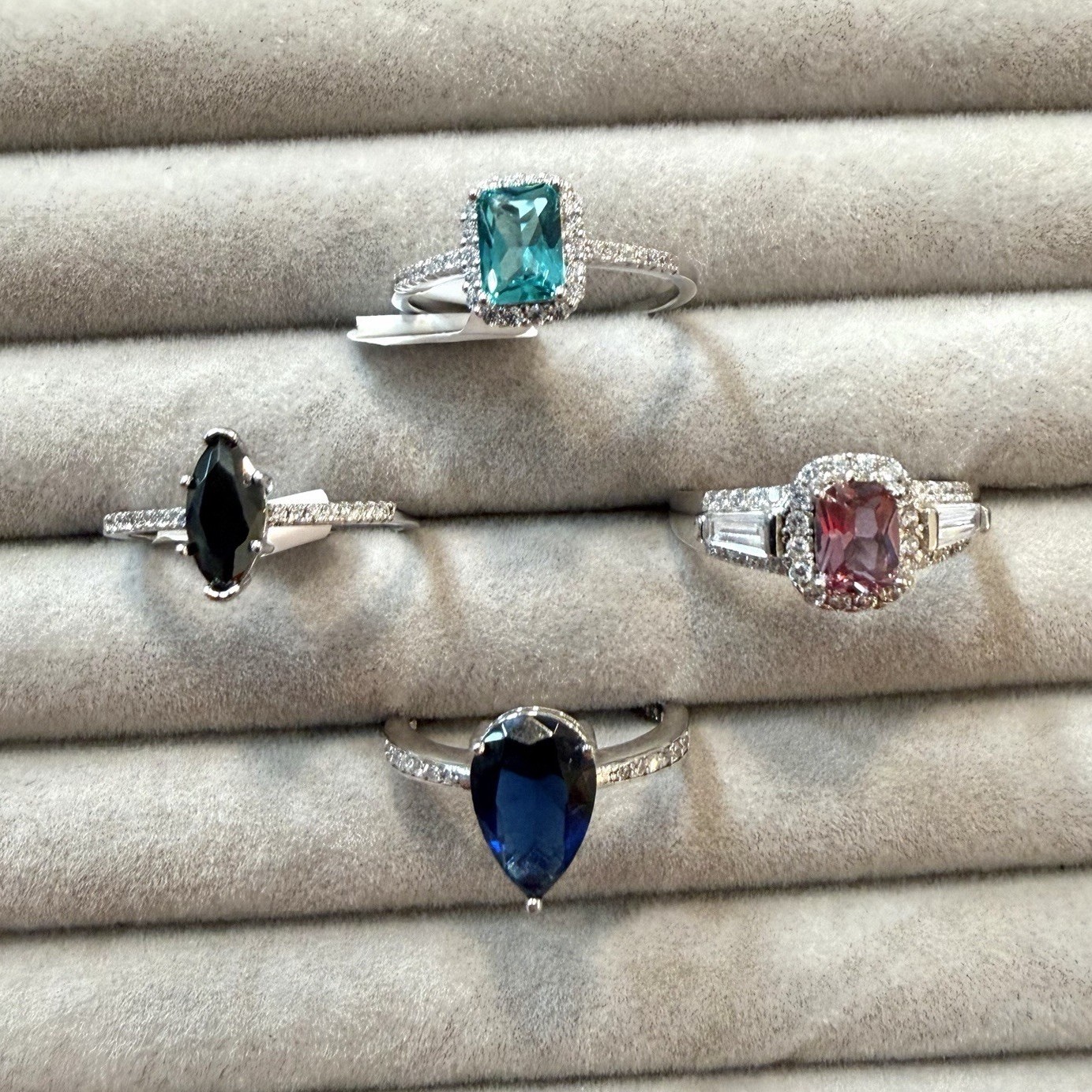 Sterling silver cocktail rings. Lab created gemstones. Lot of 4 rings