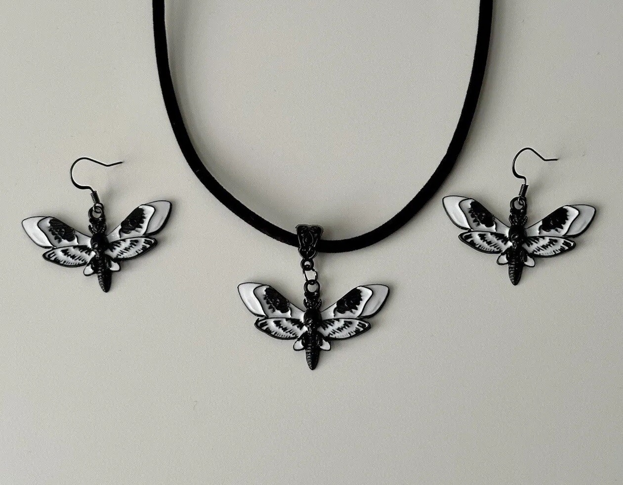 Death Moth Skull Necklace & Earrings Set Bundle Gothic Punk Grunge Velvet New