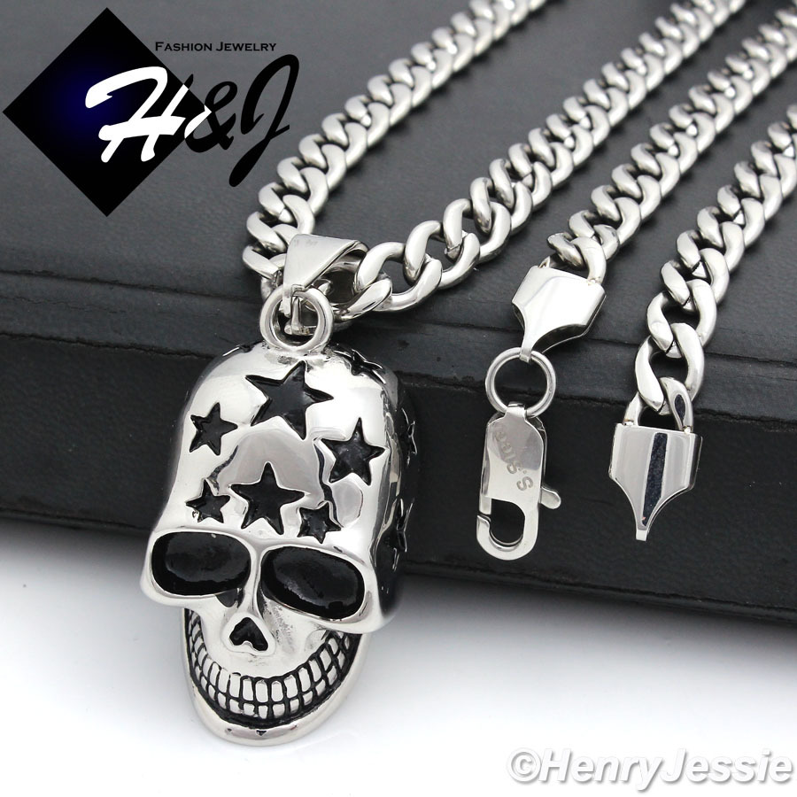24″Stainless Steel 6mm Silver Cuban Curb Chain Black Plated Skull Pendant*P84