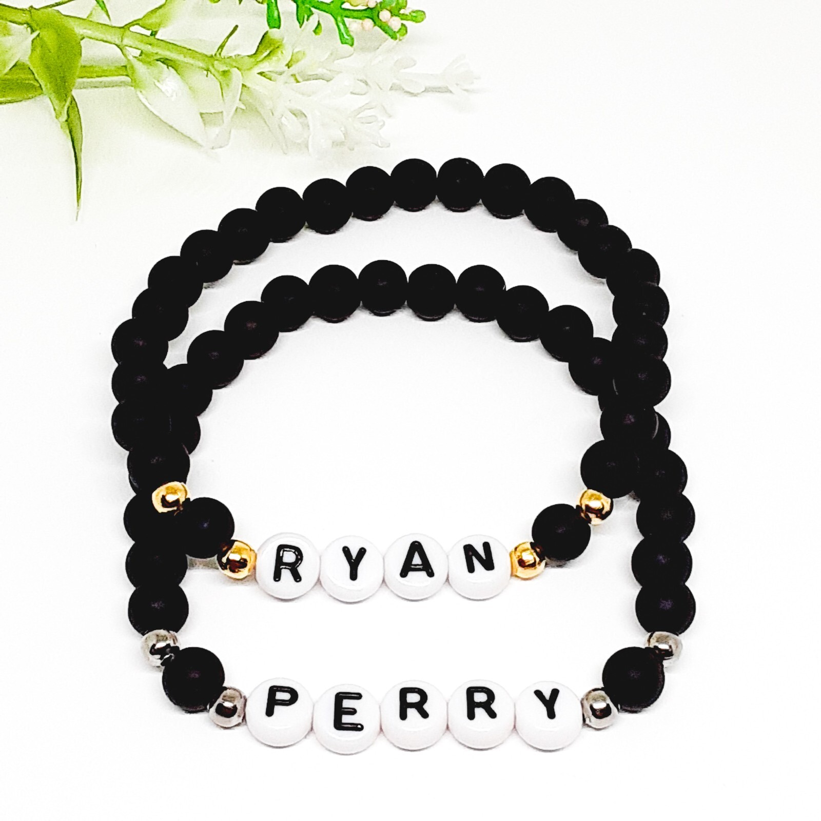 Matte Black Personalized Custom Name or Word Beaded Stretch Bracelet. Unisex