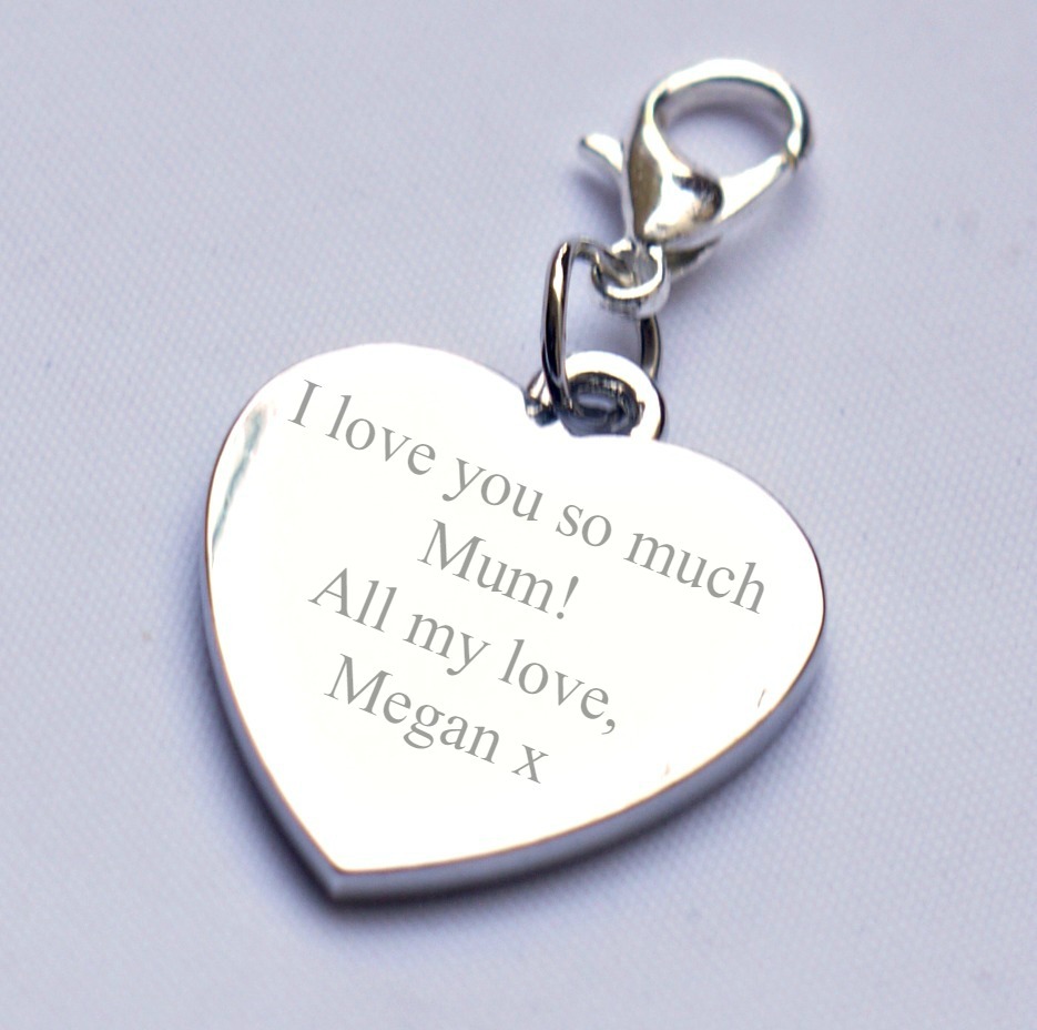 Engravable Heart Charm for Mum/Mother any text/message/wording birthday gift