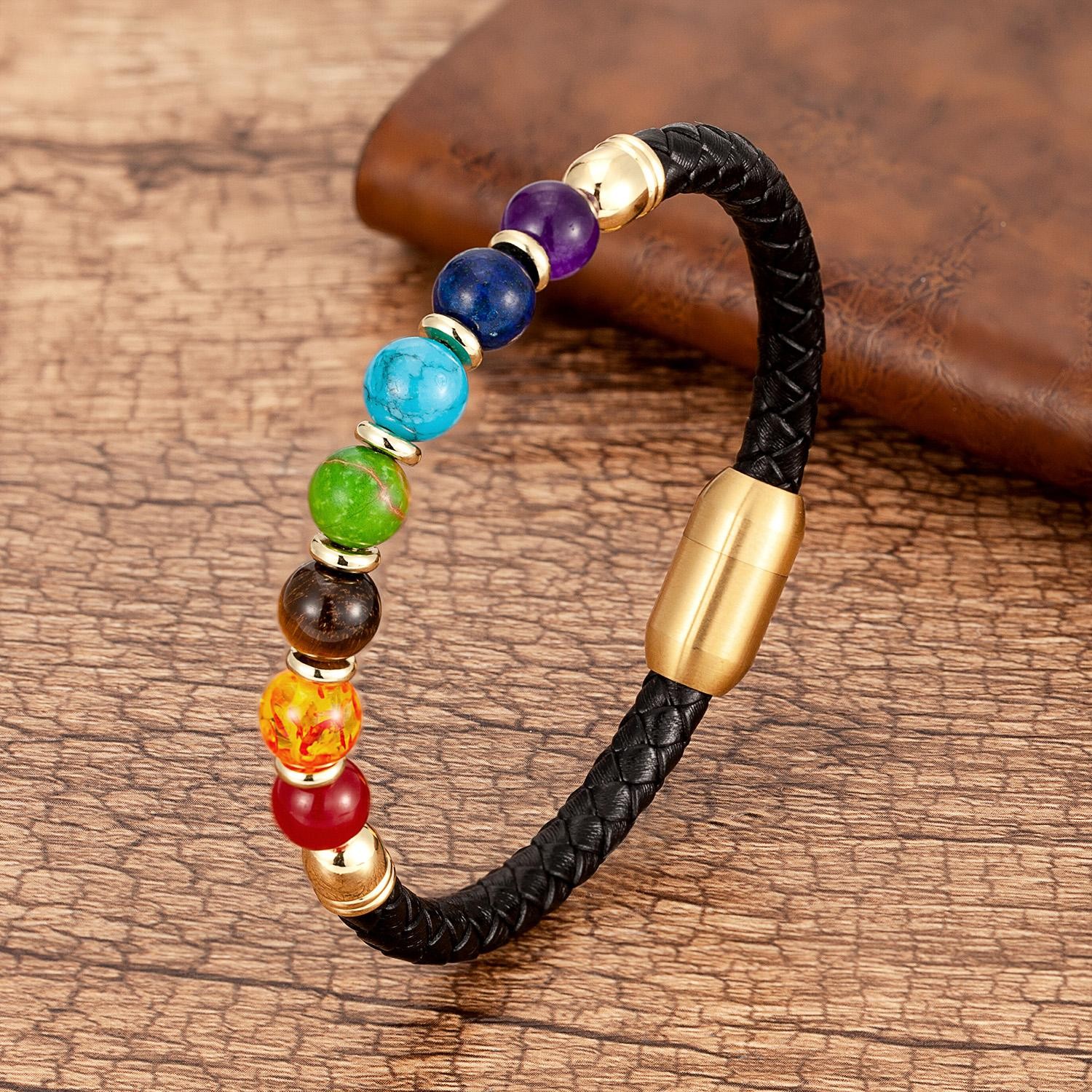 Chakra Bead Stone Bracelet Black Leather Steel Bangle for Men and Women