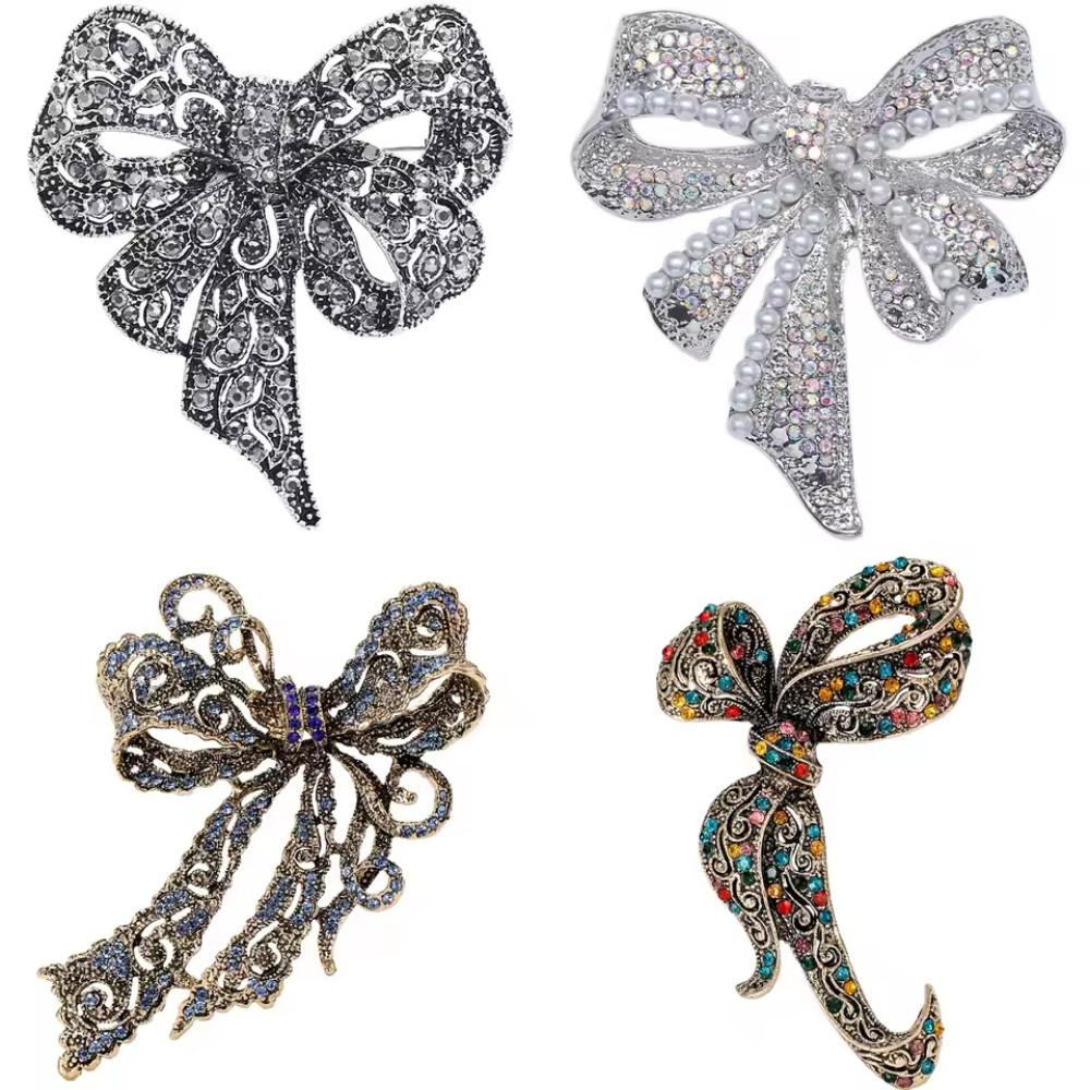 Luxury Filigree Bow Brooch Pin Colorful Rhinestone Gold Statement Jewelry Gift