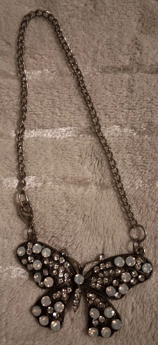 Vintage Style Silver Filigree Butterfly Anklet Faux White Opal Rhinestone