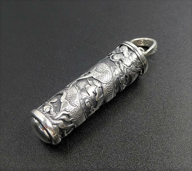 925 Sterling Silver Ornate Detailed Dragon Cylinder Prayer Box Locket Pendant