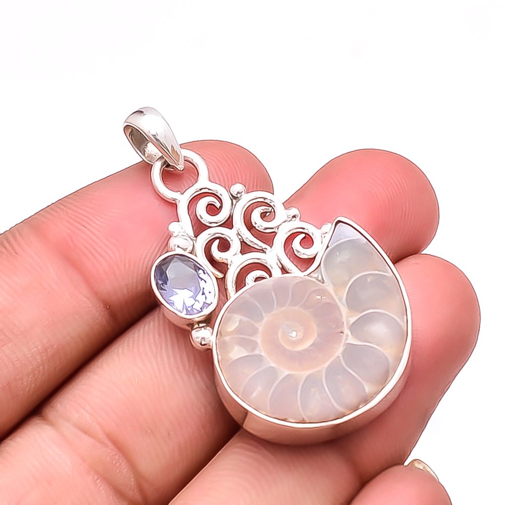 Cleoniceras Cleon Ammonite – Fossil & Iolite 925 Sterling Silver Pendant 1.87″