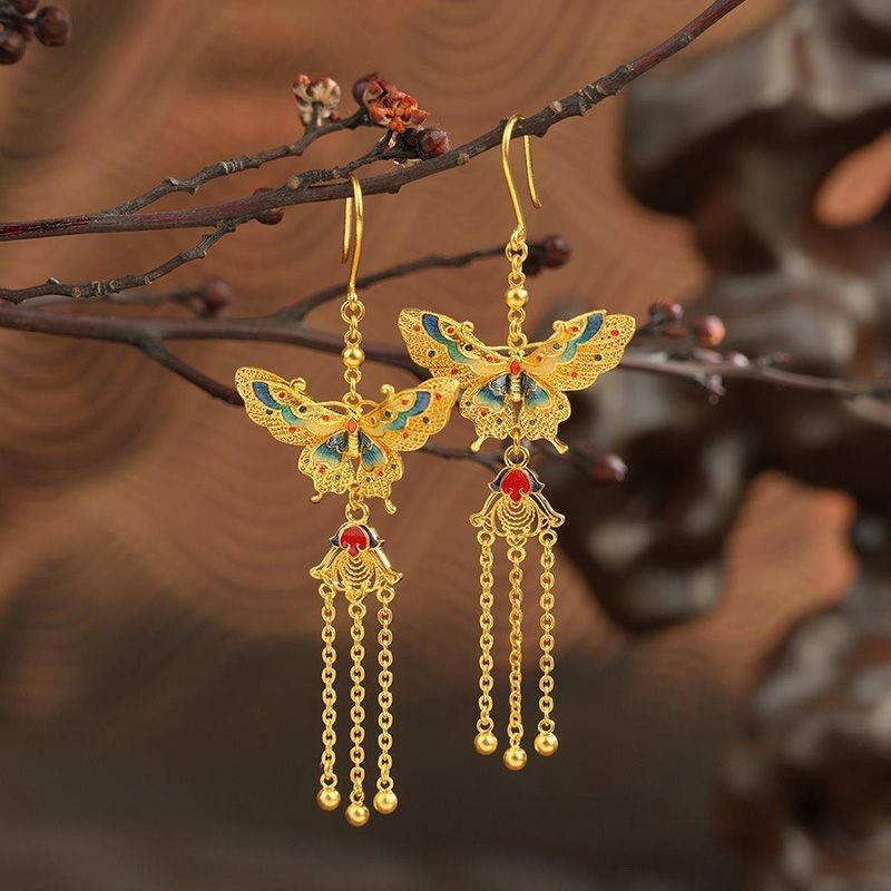 Enamel Filigree Butterfly Tassel Earrings Vintage Chinese Style Jewelry