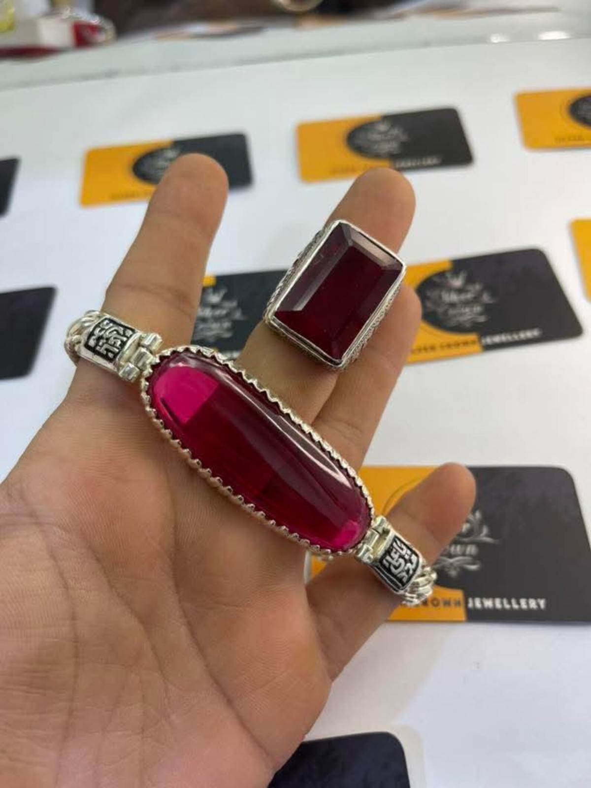 Hand-Engraved Sterling Silver Ruby Ring, Bracelet Set | Islamic Jewelry for Him