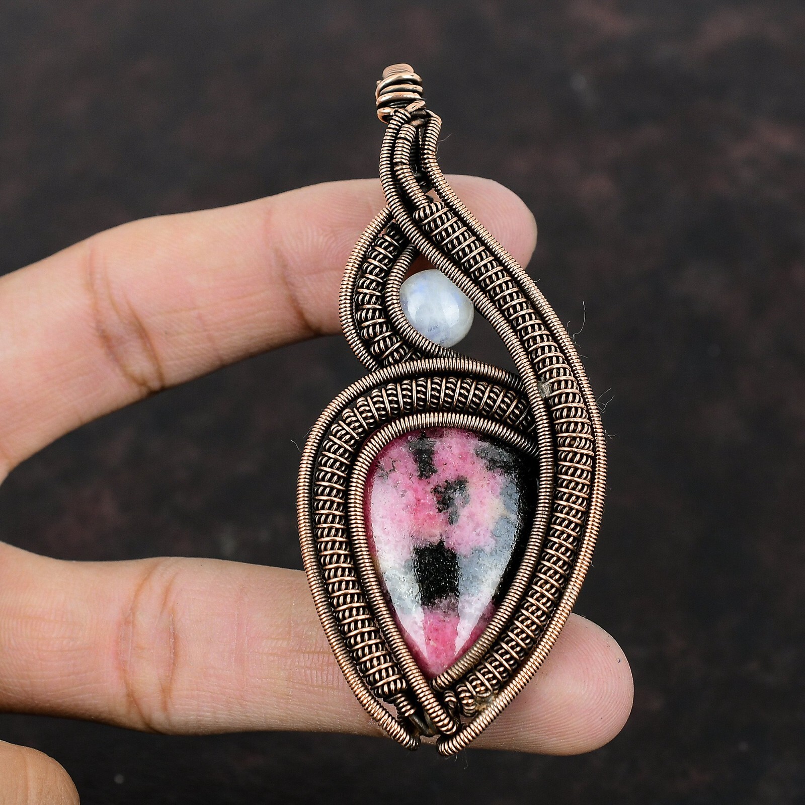 Rhodonite Gemstone Jewelry Copper Bestie Gift Wire Wrapped Pendant 3.39″