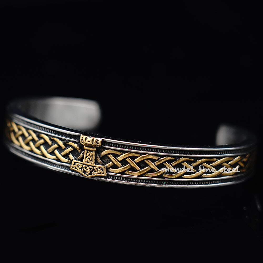 MENDEL Mens Stainless Steel Viking Gold Plate Thors Hammer Cuff Bracelet For Men