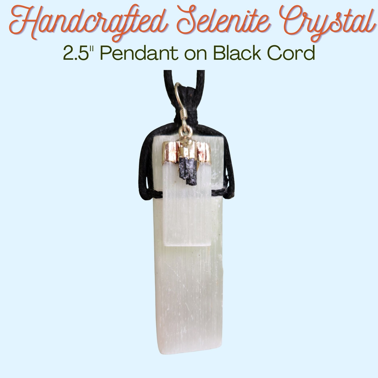 White Selenite Bar-2.5″ Pendant on black cord Necklace