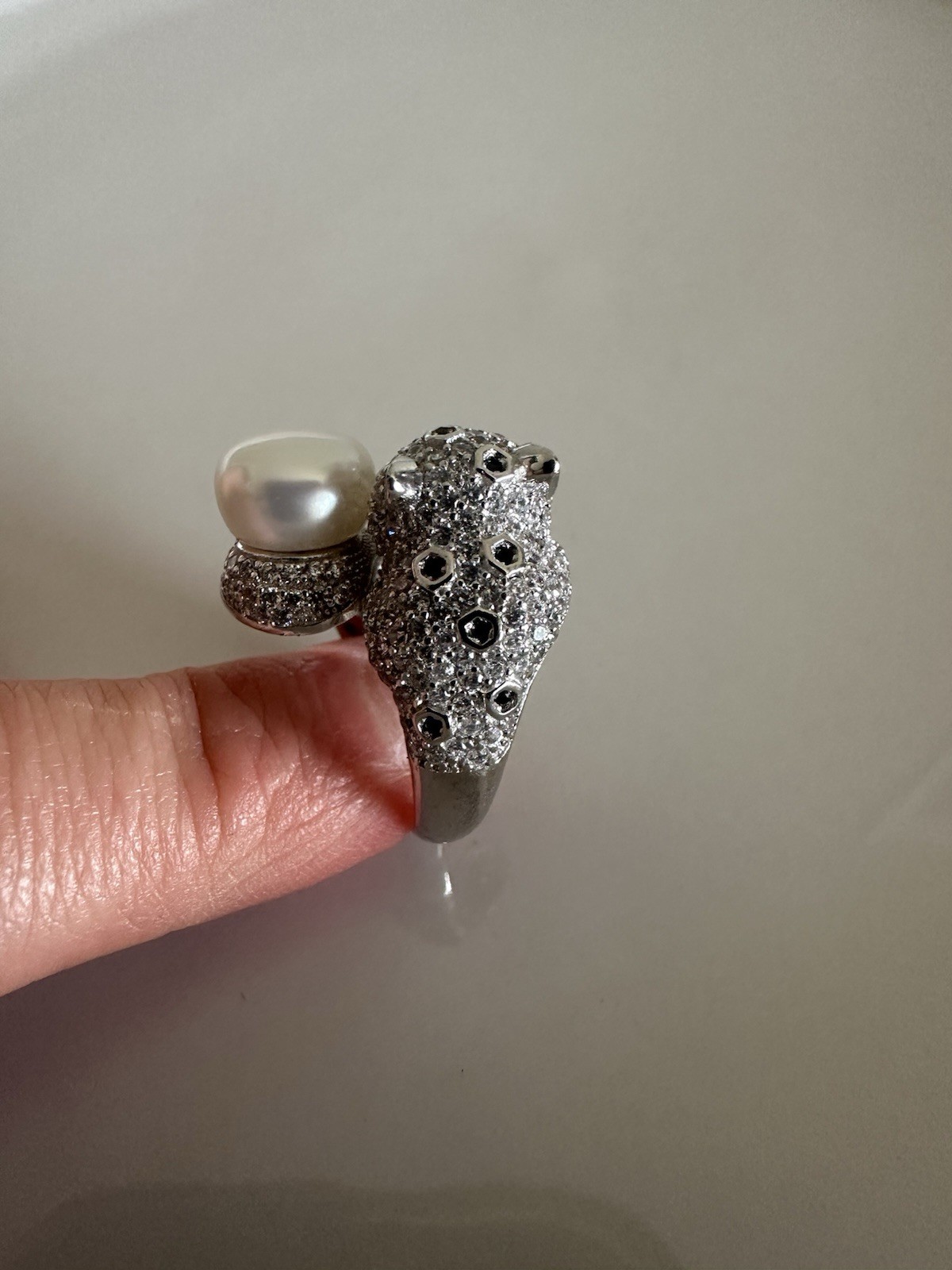 Ring 925 Silver Panther Head, Green Eye Cubic Zirconia With Pearl 7_8 Size