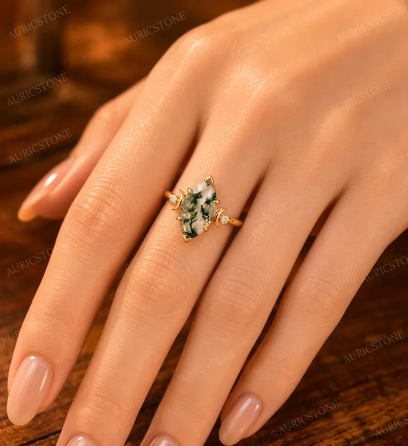 Lab Created Green Moss Agate Ring, Base Metal: Brass Finish: Gold Plated