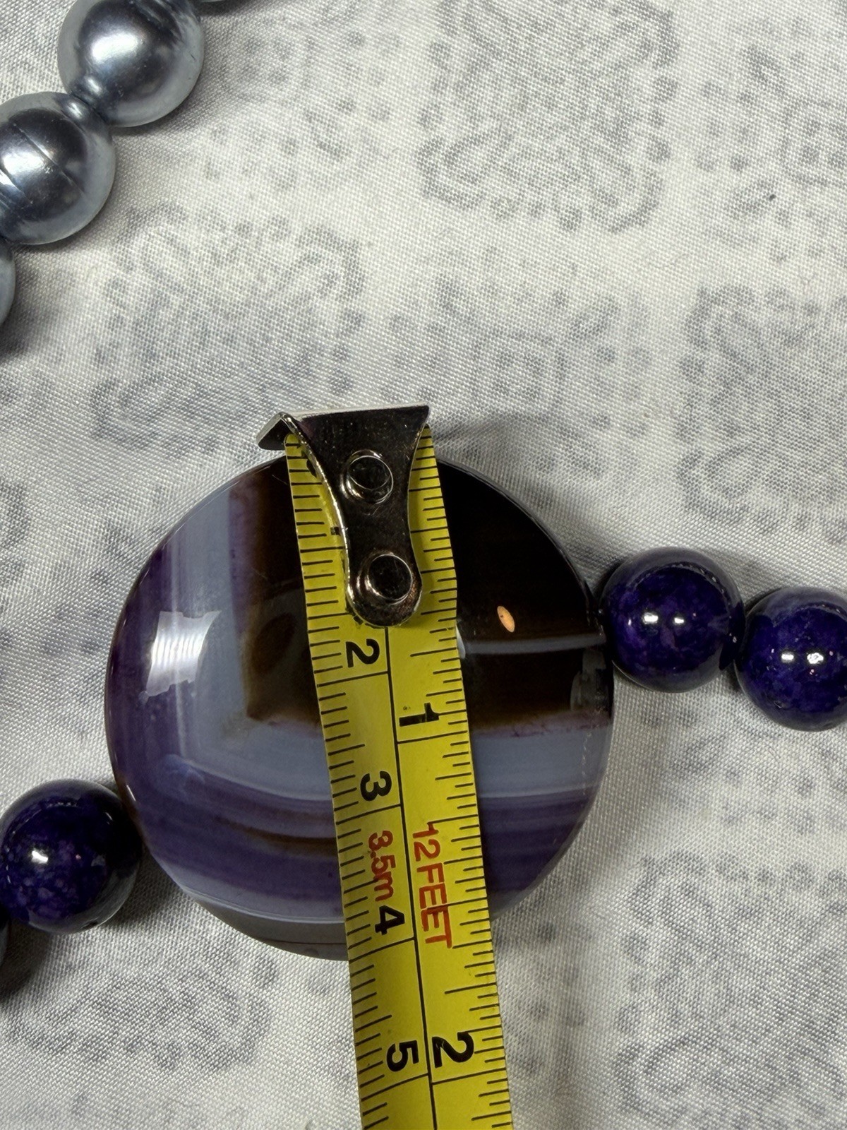 Artisan Banded Purple Agate Statement Necklace Pearl Beads Silver Clasp OOAK