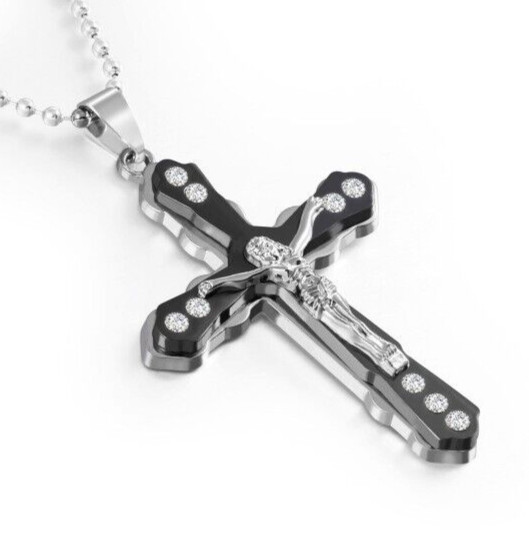 Crucifix Jesus, Cross Christan Necklace – Black – Catholic