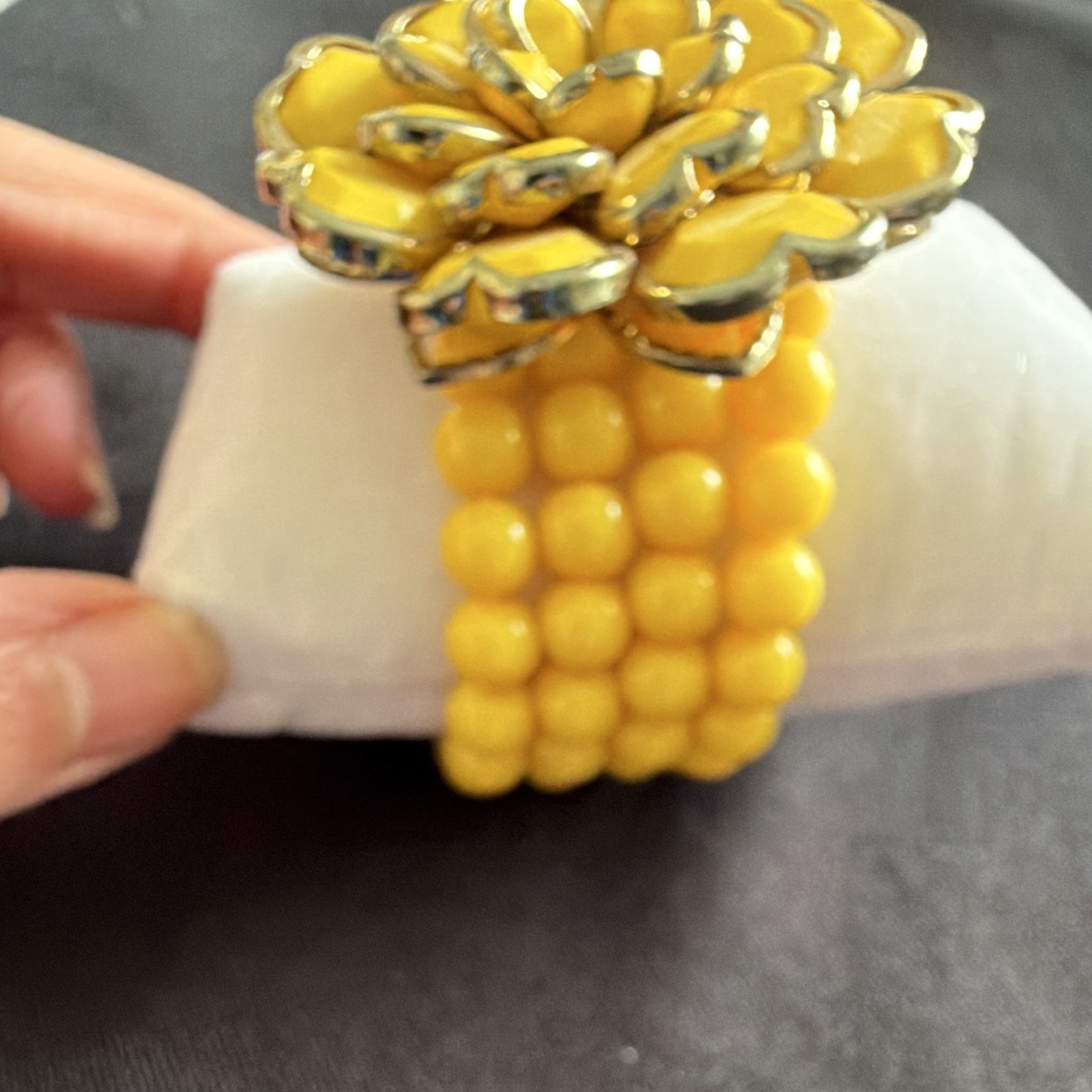 Yellow Beaded Stretch Statement Bracelet Large Flower Centerpiece Plastic
