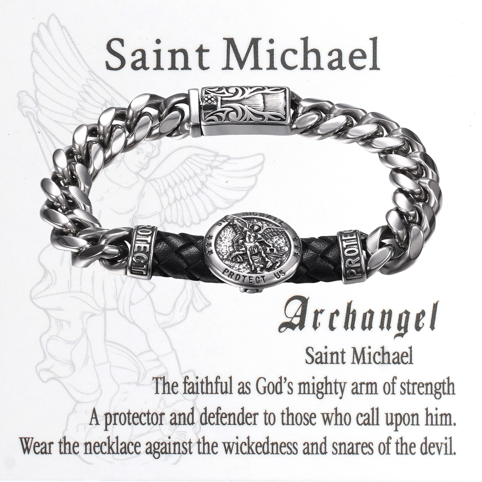 9in Cuban Link St Michael Bracelet for Men Stainless Steel Heavy Biker Bangle