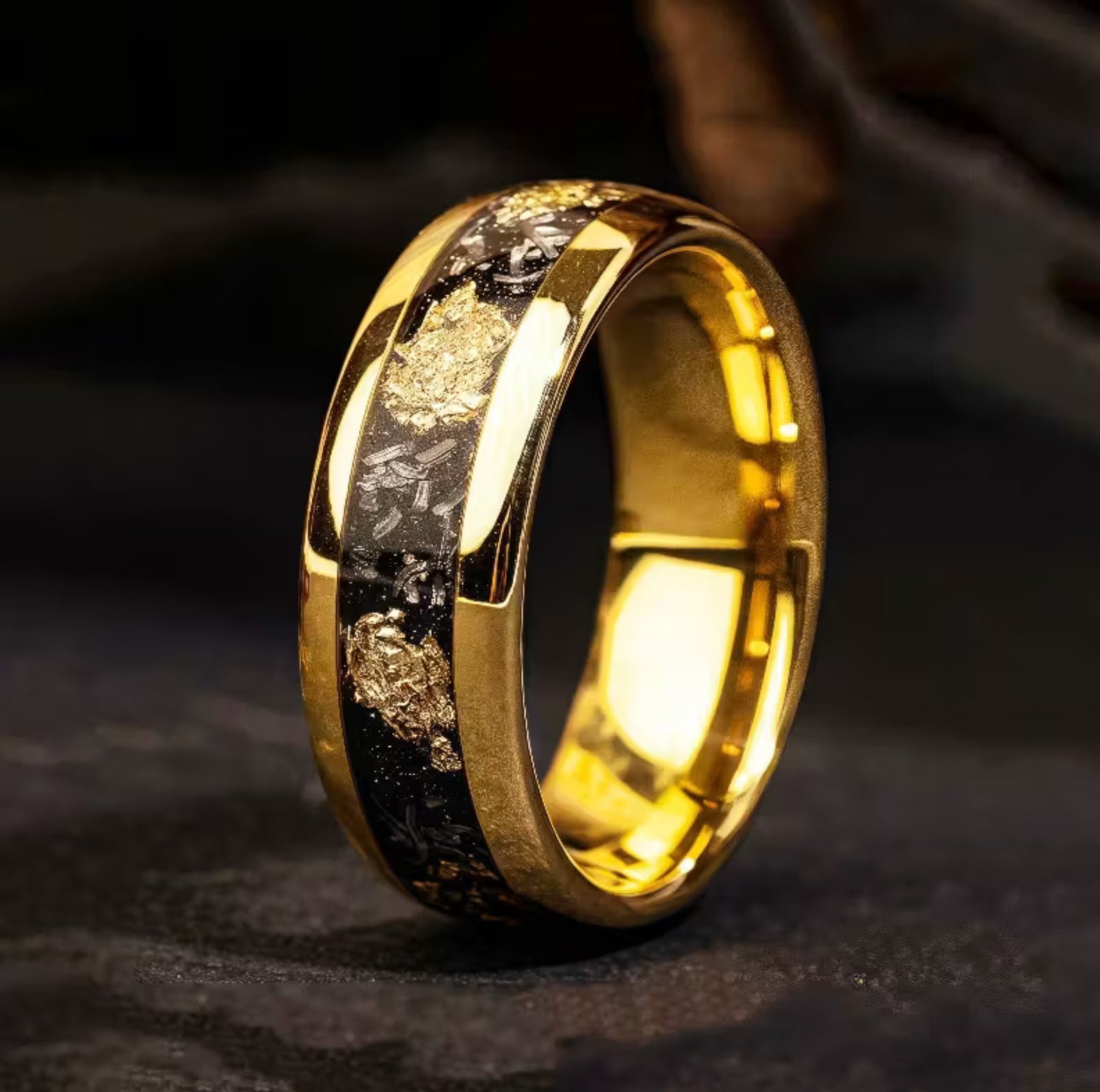 Gold Foil Synthetic Meteorite Stainless Steel Fashion Ring Size 10
