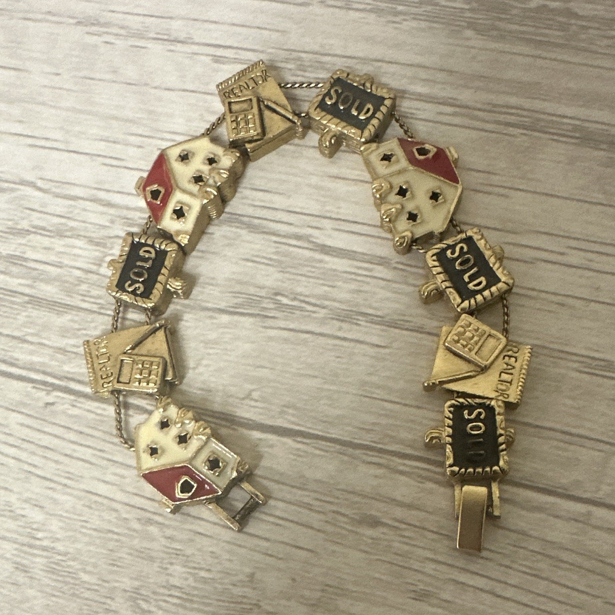 Gold Tone Enamel Realtor Charm Bracelet- circa 1970s