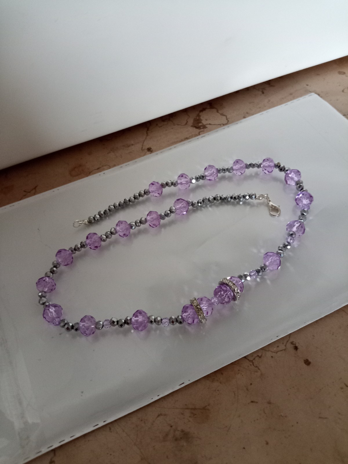 Austrian Crystal Lavender Porcelain Silver Steel and Cubic Zirconia Necklace