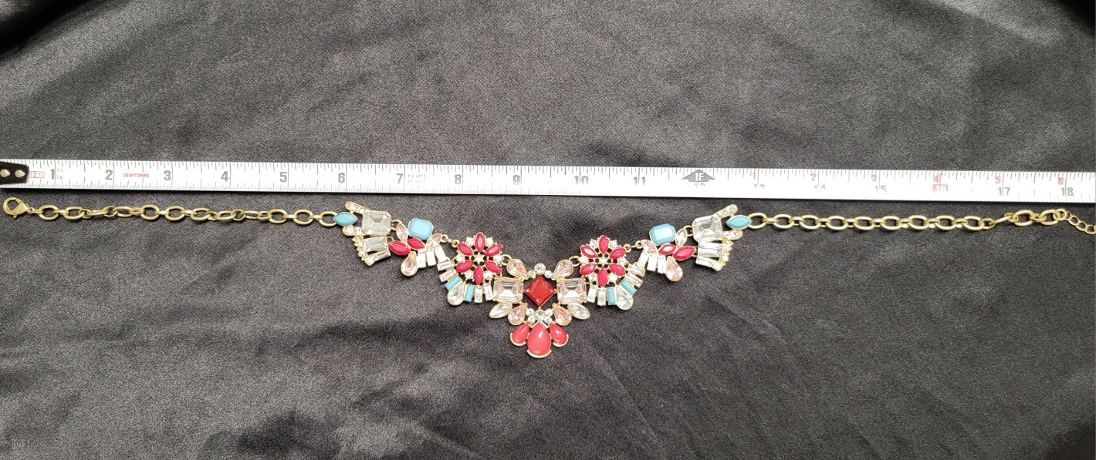 Vibrant Floral Bib Statement Necklace Gold Tone, Red & Turquoise colored stones