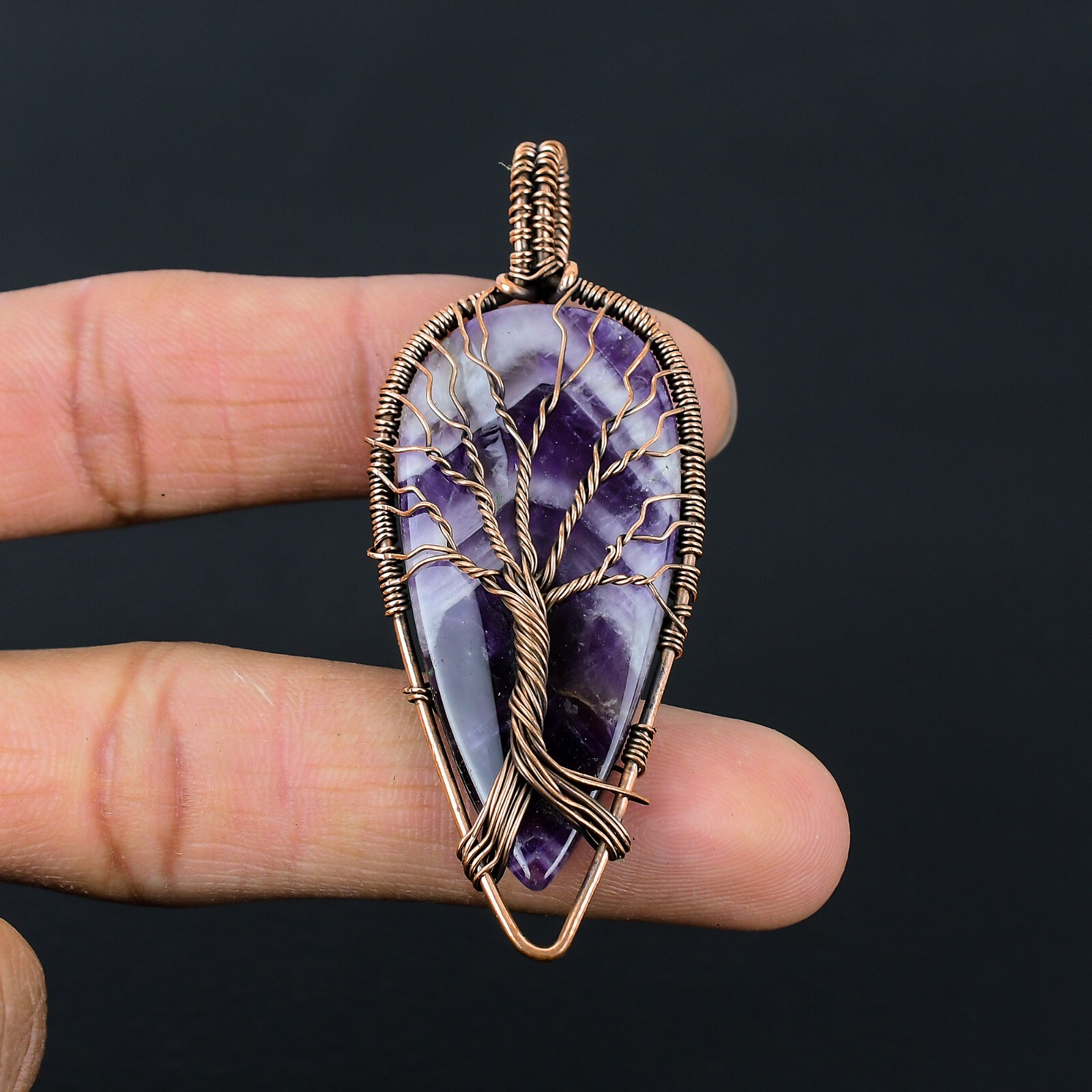 Tree of Love Amethyst Lace Agate Gemstone Copper Wire Pendant Jewelry NP-013