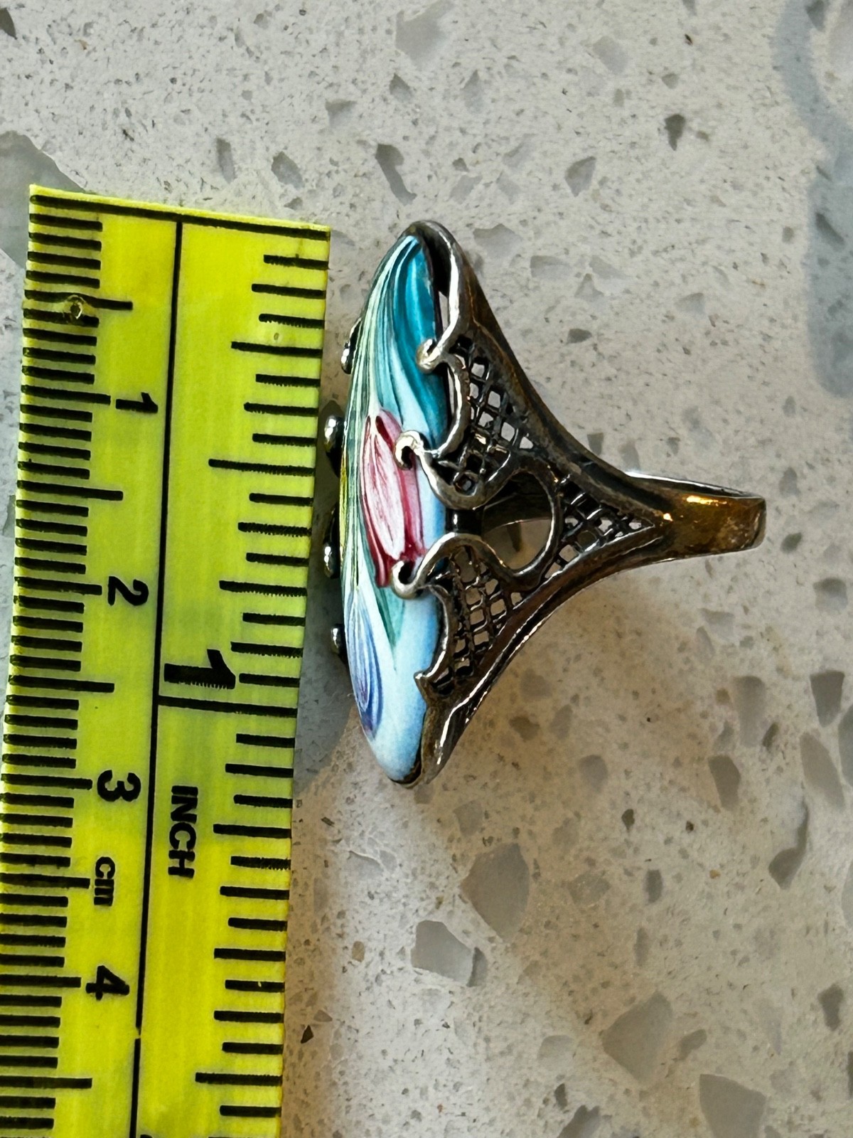 Tulip flowers earrings ring size 7 set Russian Finift hand painted jewelry