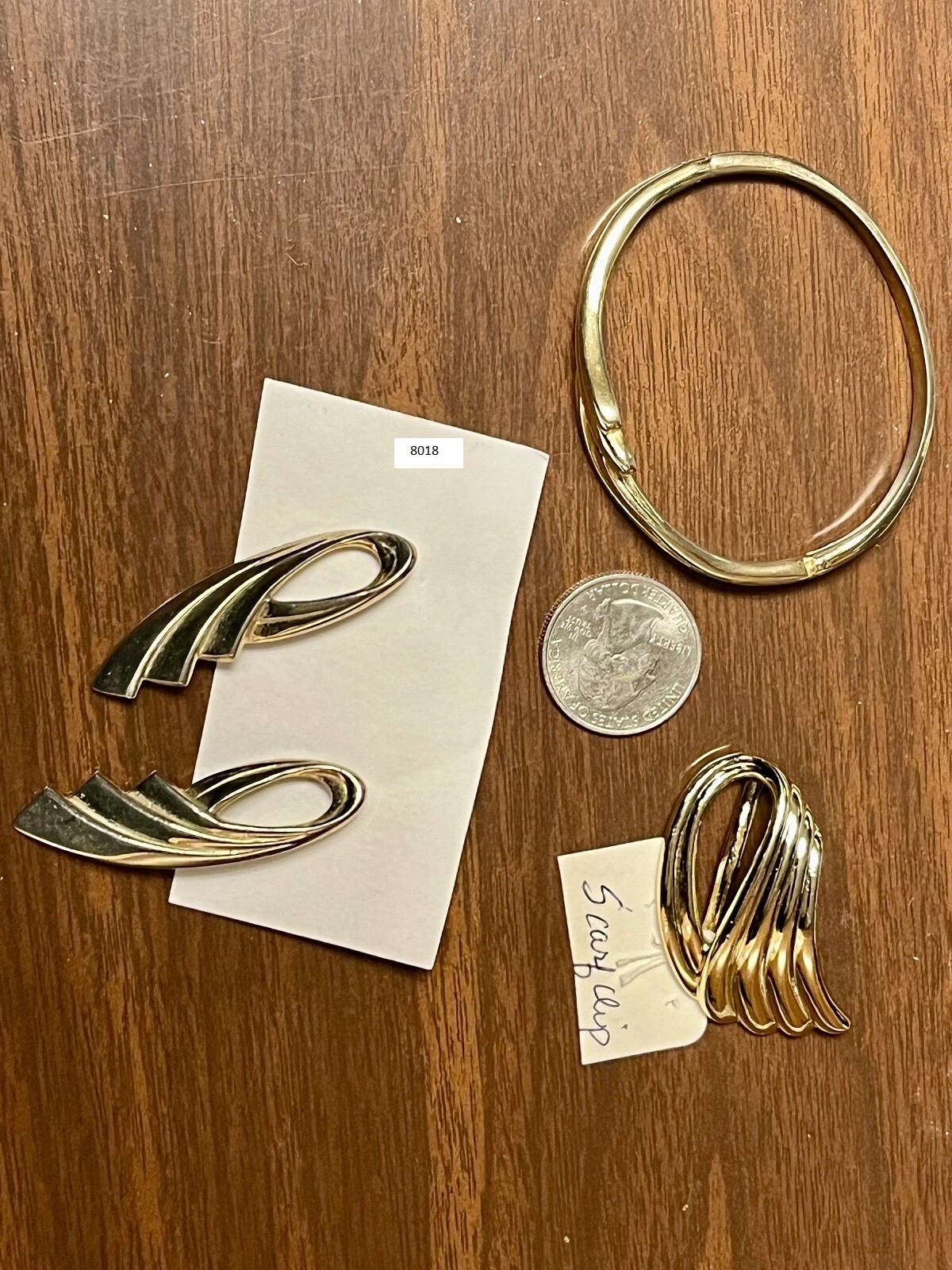 VTG EARRINGS POST & BACK 2″ X 1/2″ SCARF CLIP 1 3/4″ X 3/4″ BRACELET 7. 1/2″