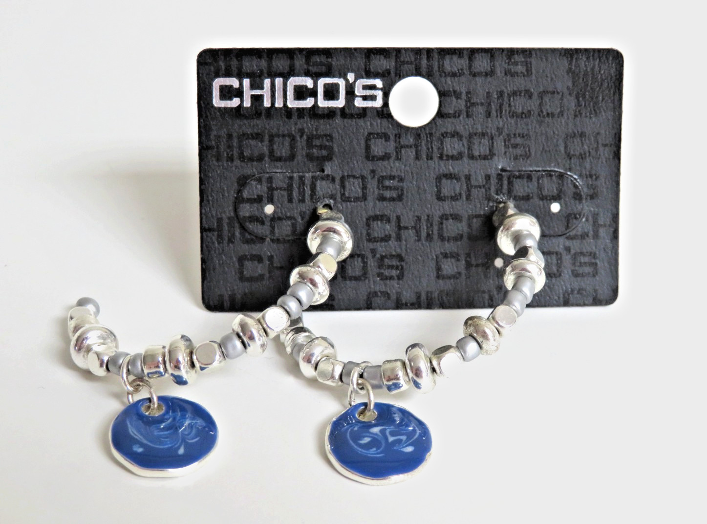 New Chico’s Silver Beaded 1/2 Hoop Earrings with Blue Enamel Dangle Accent