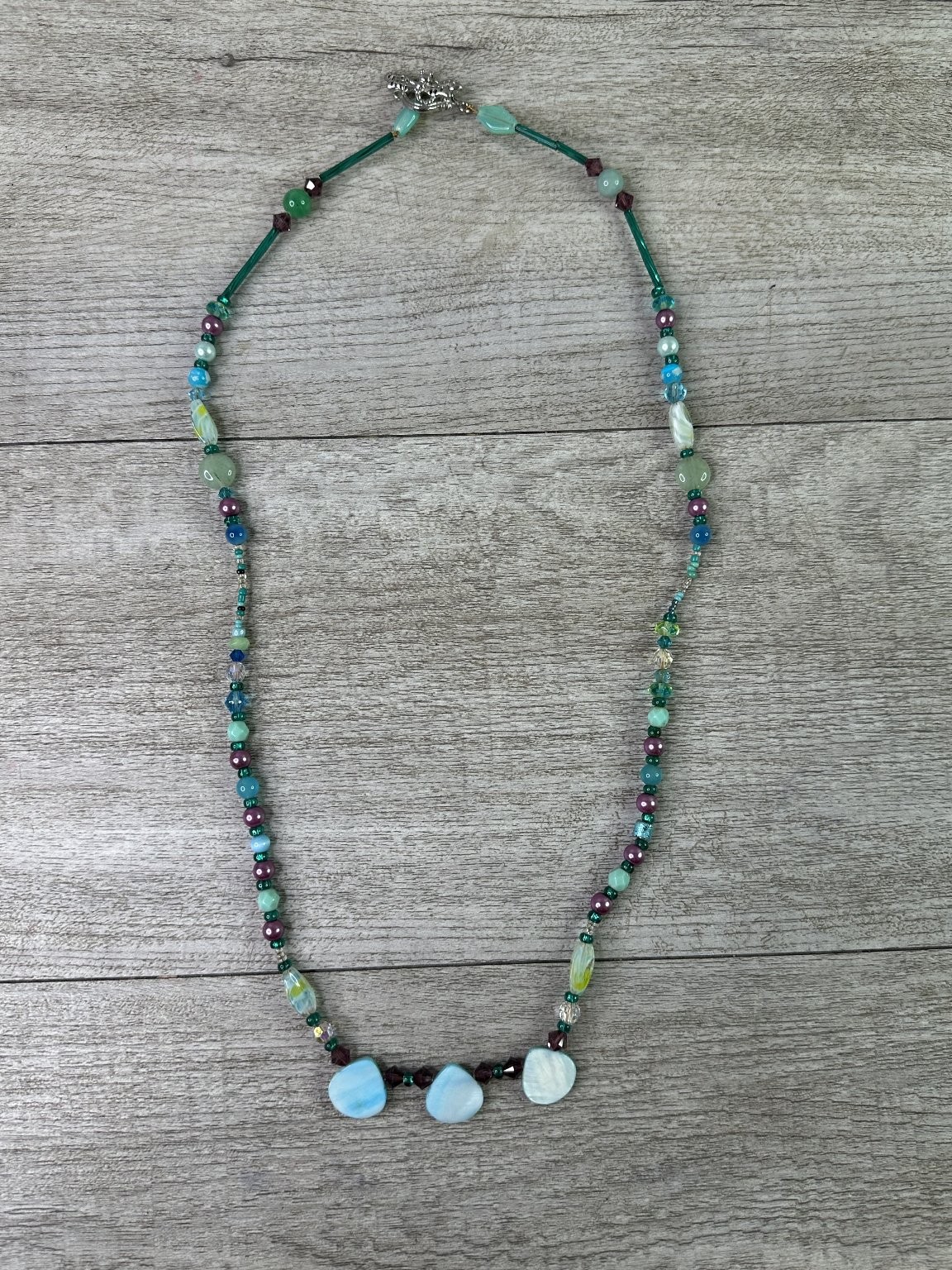 Artisan Beaded Necklace Teal Blue Purple Glass Stone Dragonfly Clasp