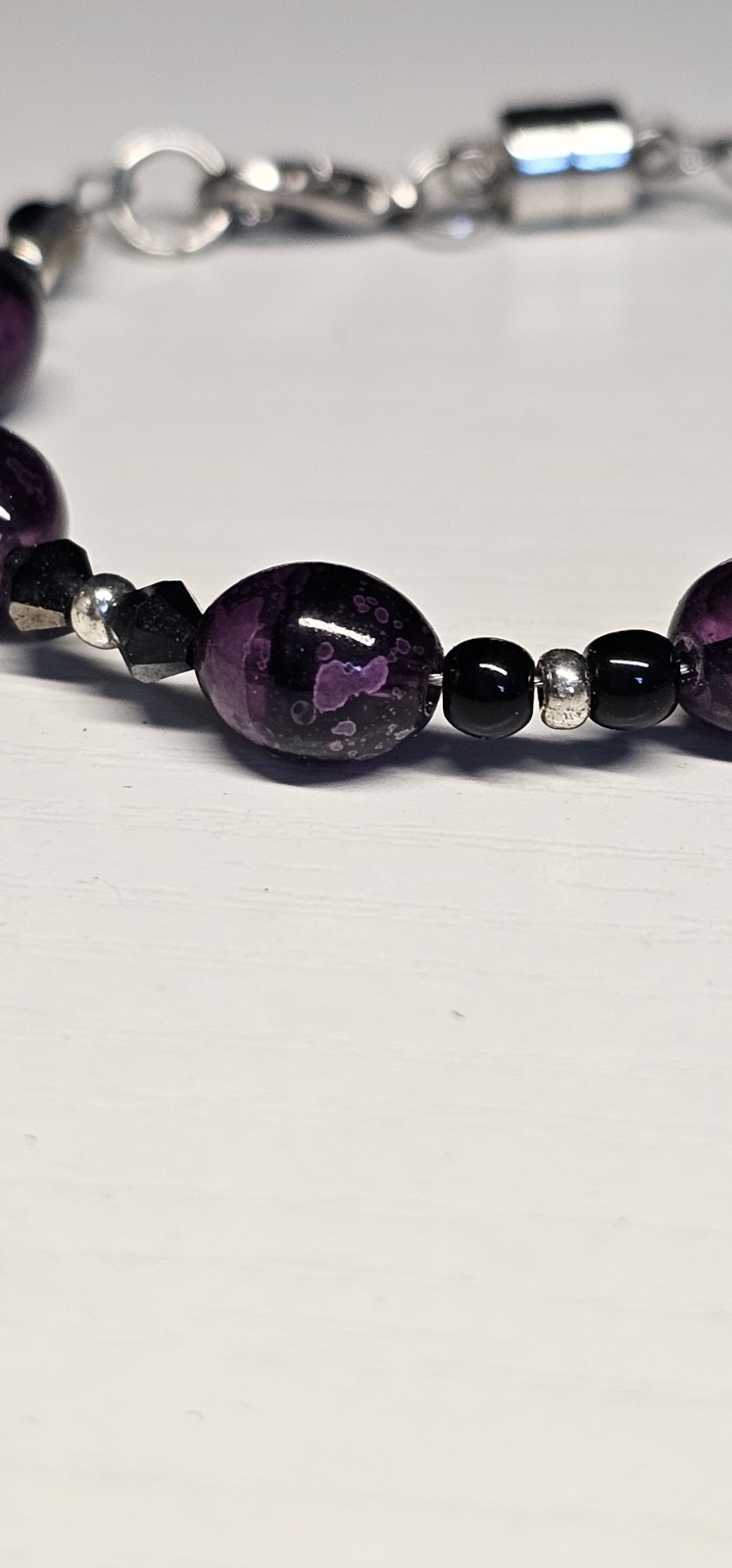 Purple And Black Oblong Beaded Bracelet, Black And Silver Seed Beads Size 5 3/4″