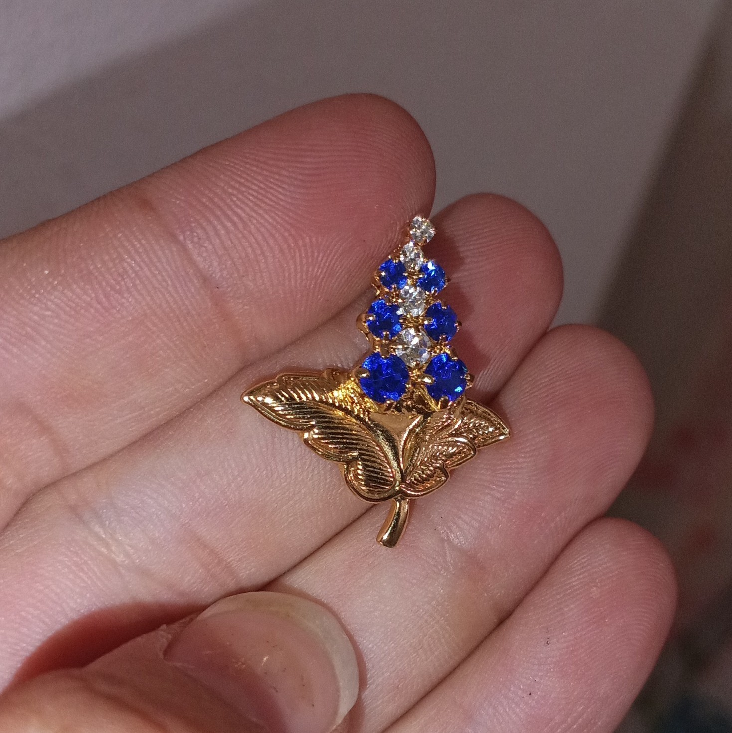 Gold Tone Leaf Brooch Pin Blue & Clear Simulated Rhinestones Prong Set