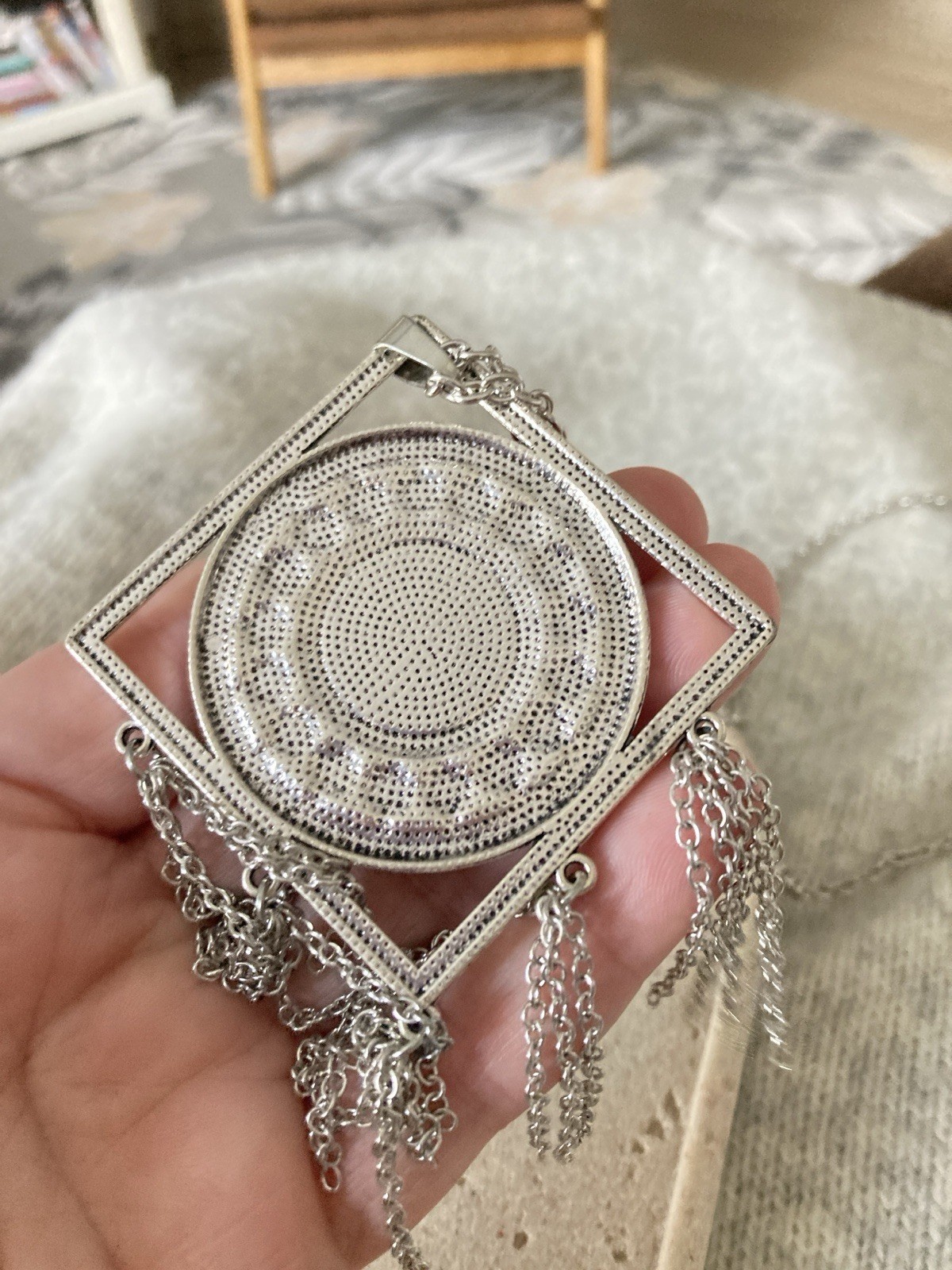 Silver Tone Black Cabochon Boho Pendant Necklace Chain Tassel Fringe Gothic