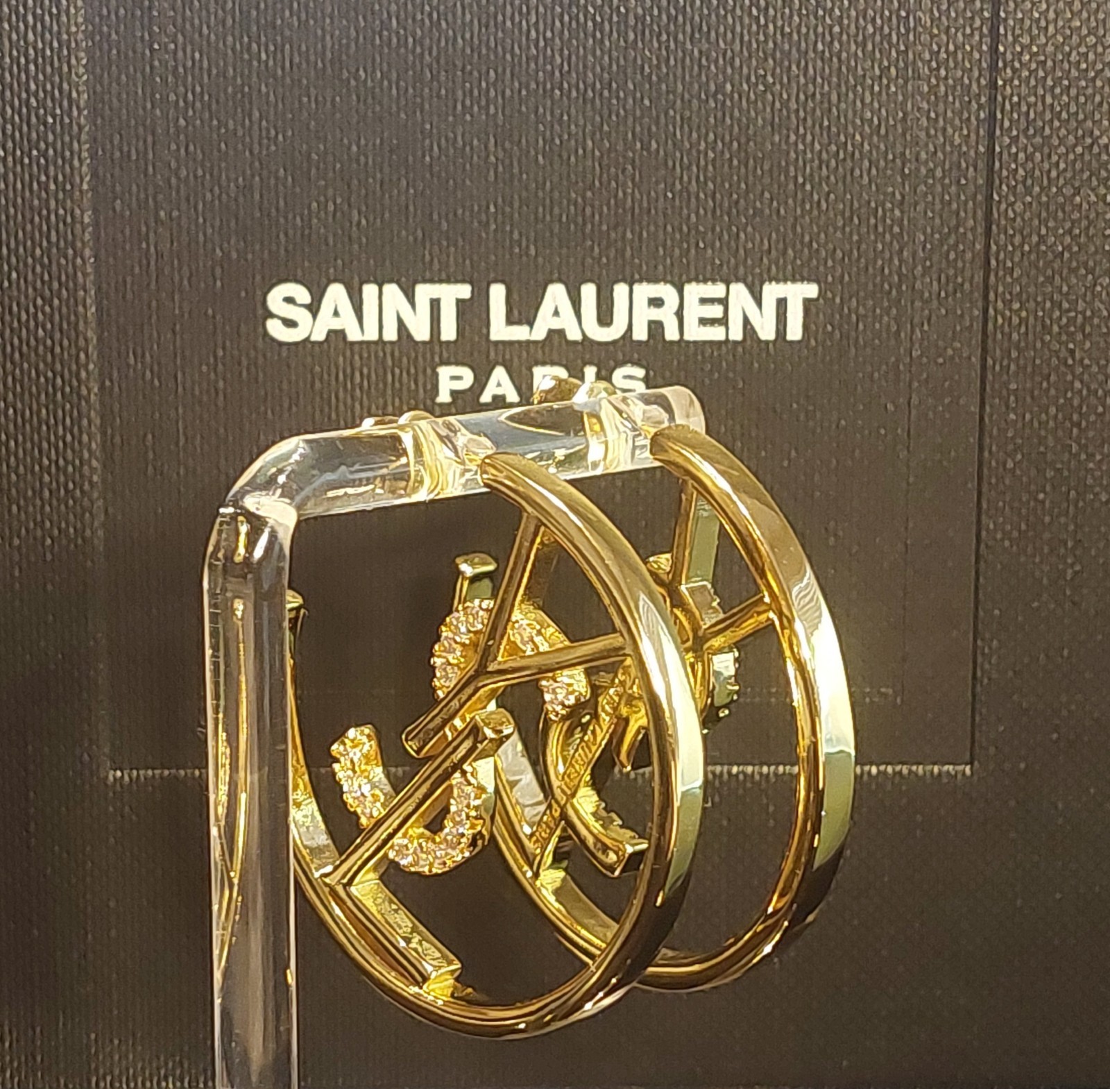 YVES SAINT LAURENT CRYSTAL HOOP EARRINGS – Box Included