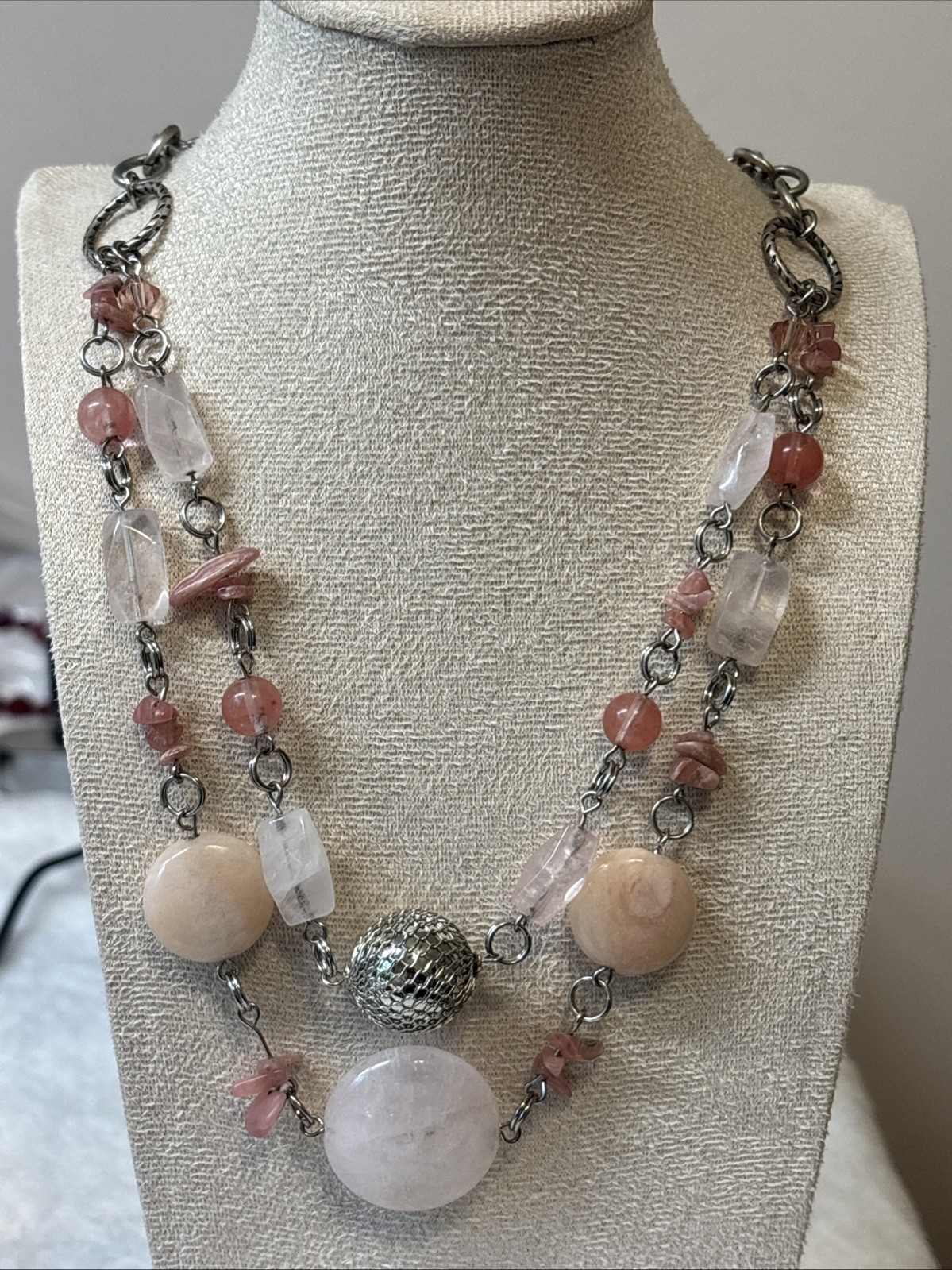 Rose Quartz And Rhodochrosite Gemstone Silver Tone Necklace