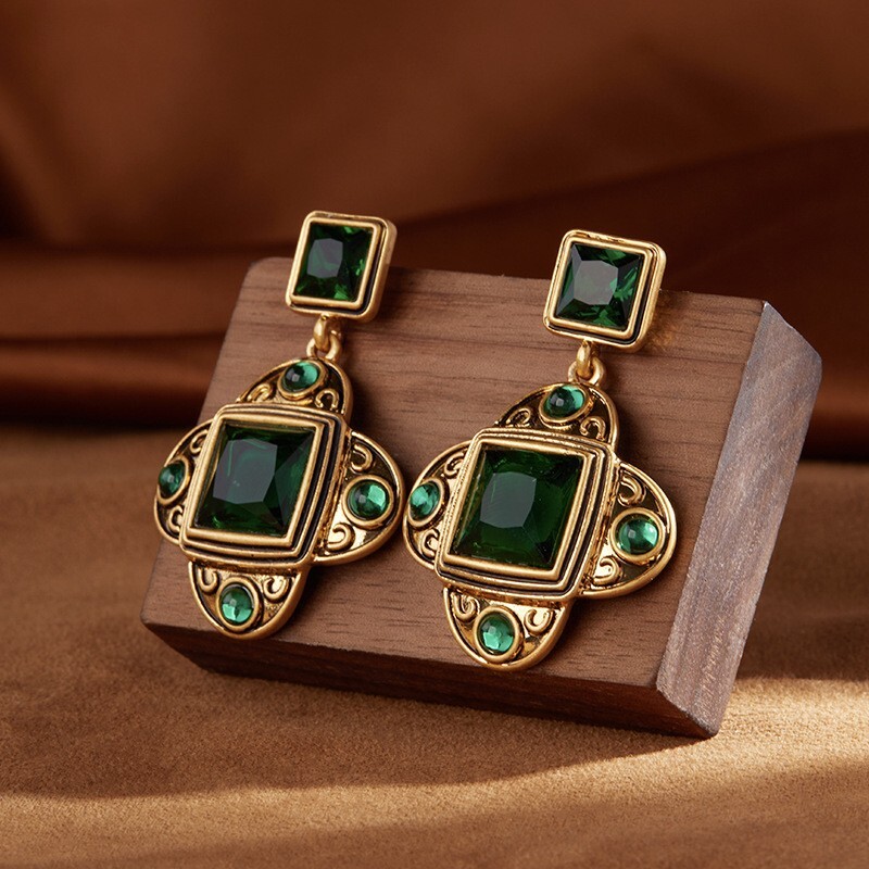 Vintage Matte Gold Plated Green Gem Earrings