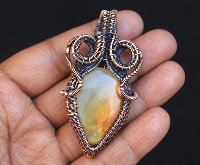 Wedding Gift Copper Pendant Lemon Agate Gemstone Wire Wrap Jewelry Oxidize N244