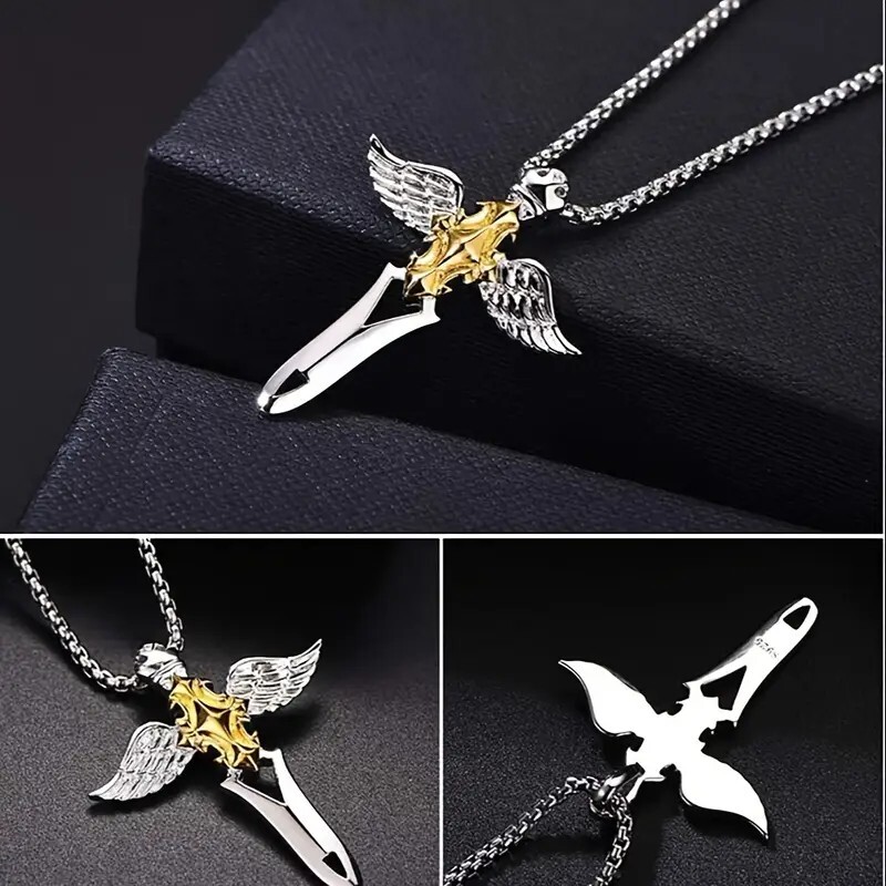 60cm Angel sword & wings titanium steel Cross Necklace for both Male and Female