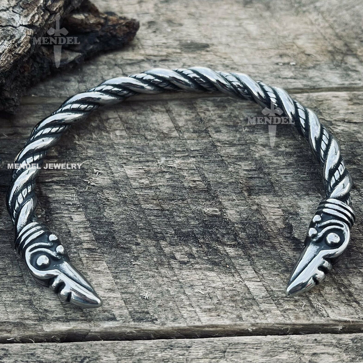 MENDEL 8 Inch Mens Stainless Steel Norse Viking Raven Bangle Bracelet Arm Ring