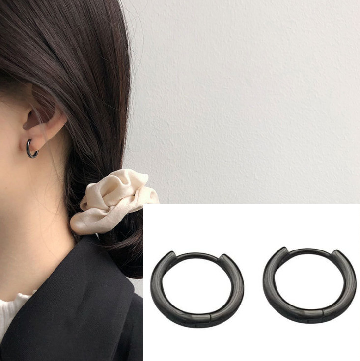 925 Sterling Silver Girl Children Black Small Huggie Hoop Earrings 3/8 inch A30