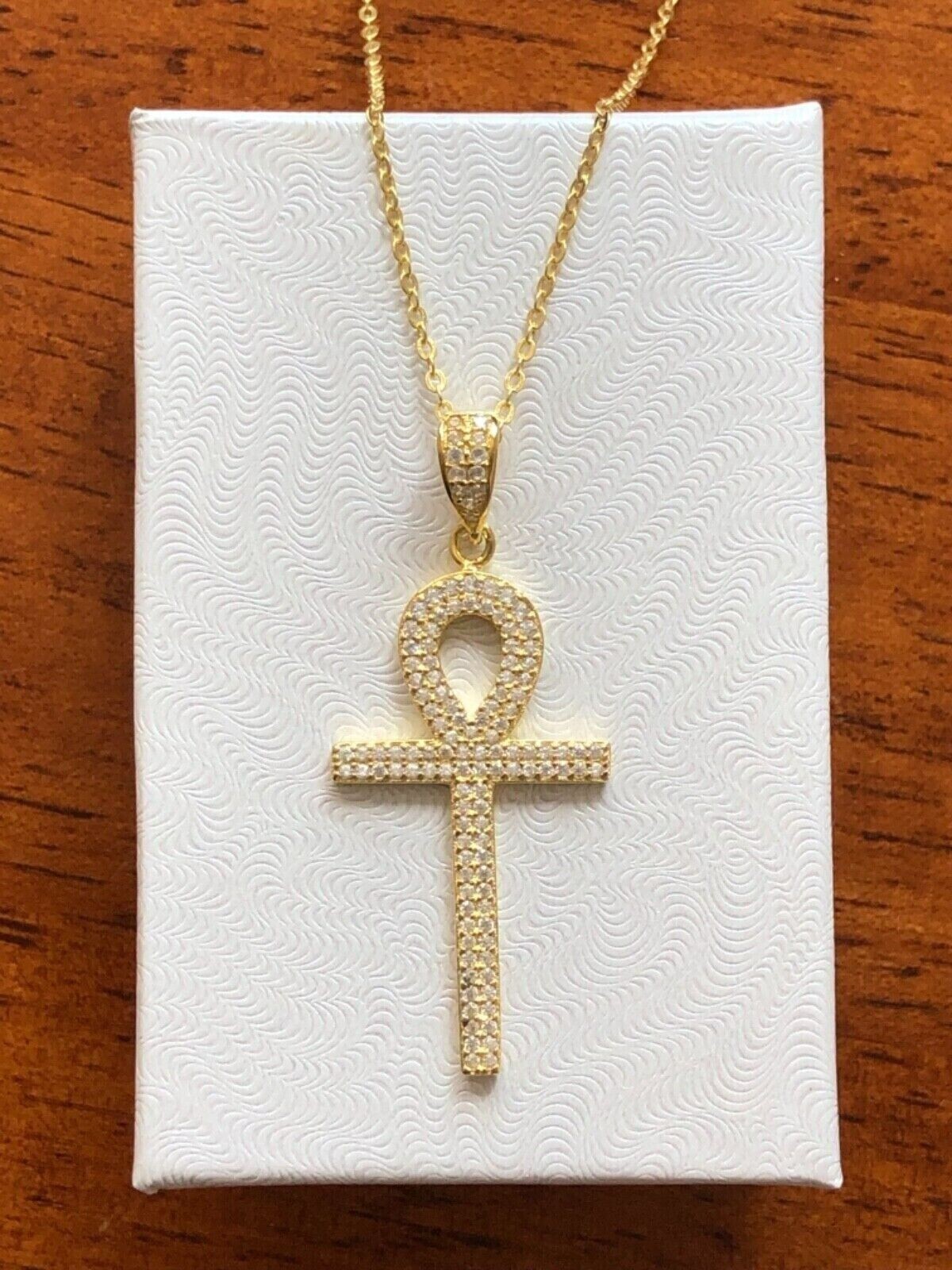 925 Sterling Silver CZ Ankh Cross Pendant Necklace Gold Women 30mm/1.18″ 19.75″
