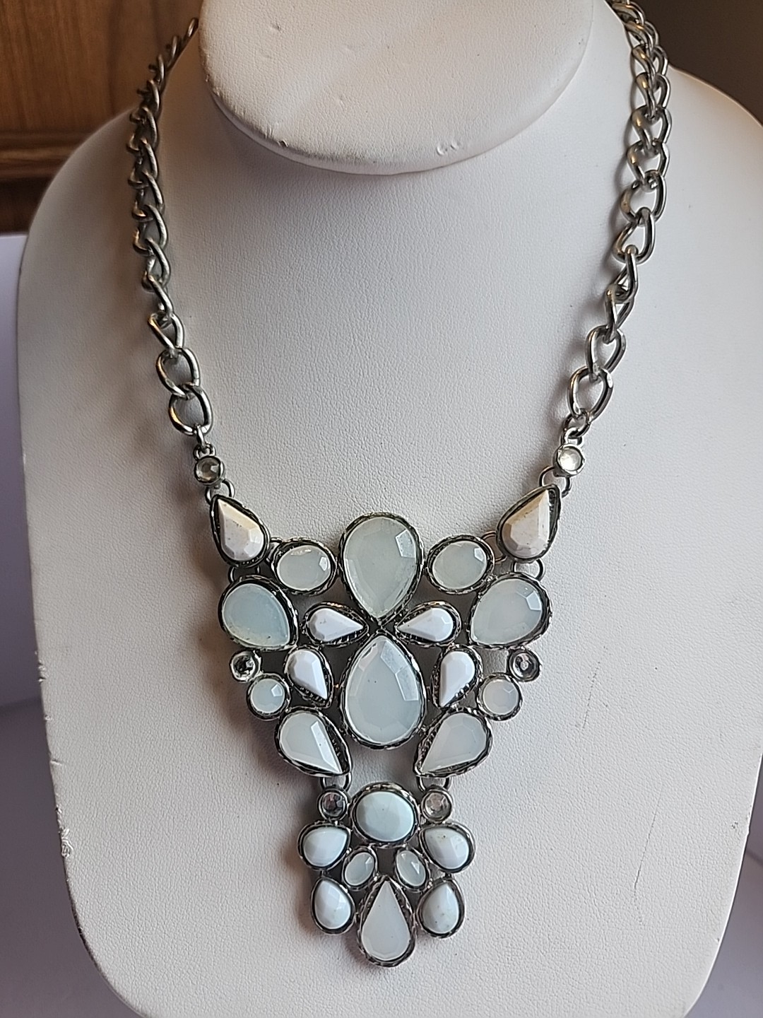Statement Bib Necklace Light Blue Stones 18 inch