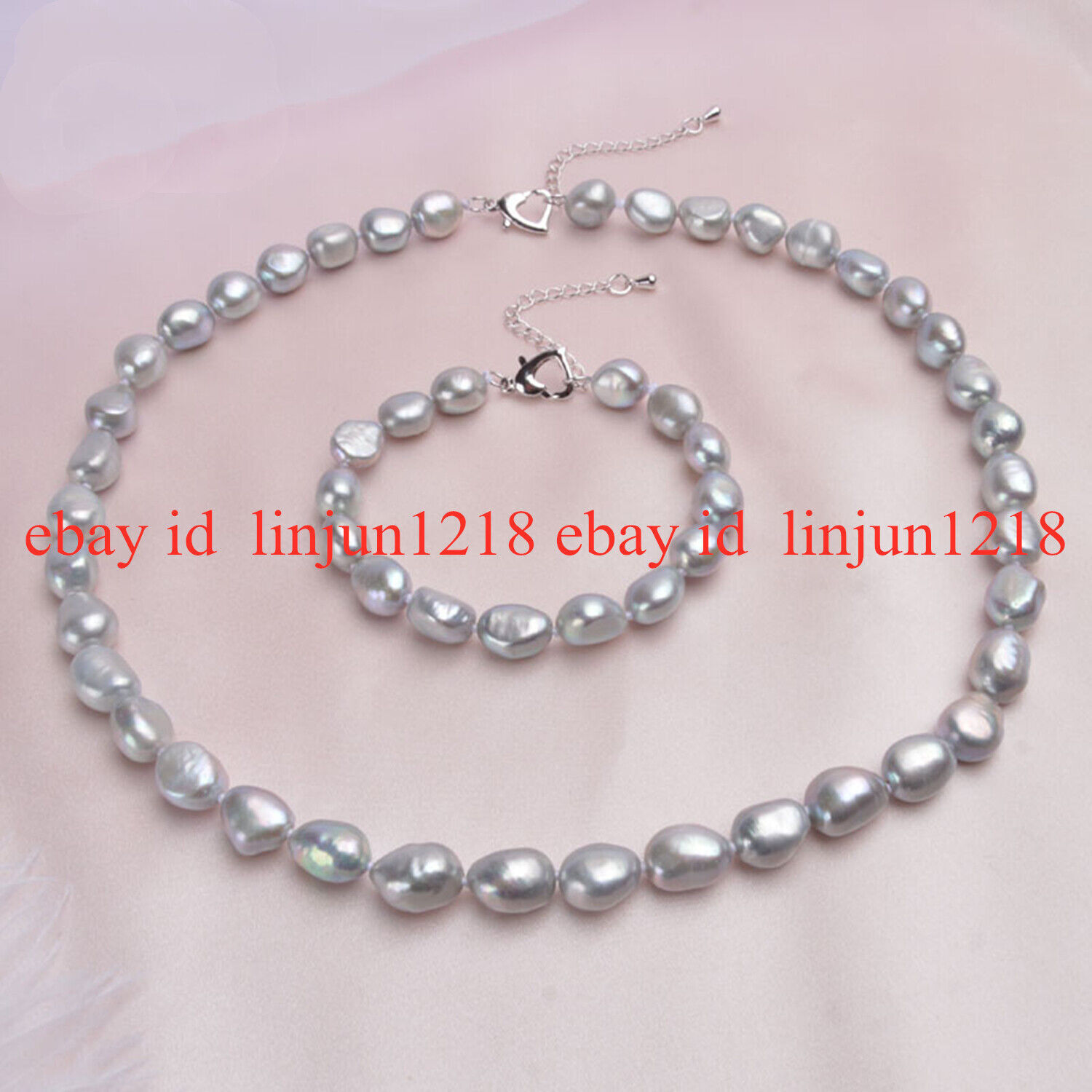 Natural 7-8/8-9mm Gray Baroque Freshwater Pearl Necklace Bracelet Set 18/7.5 in