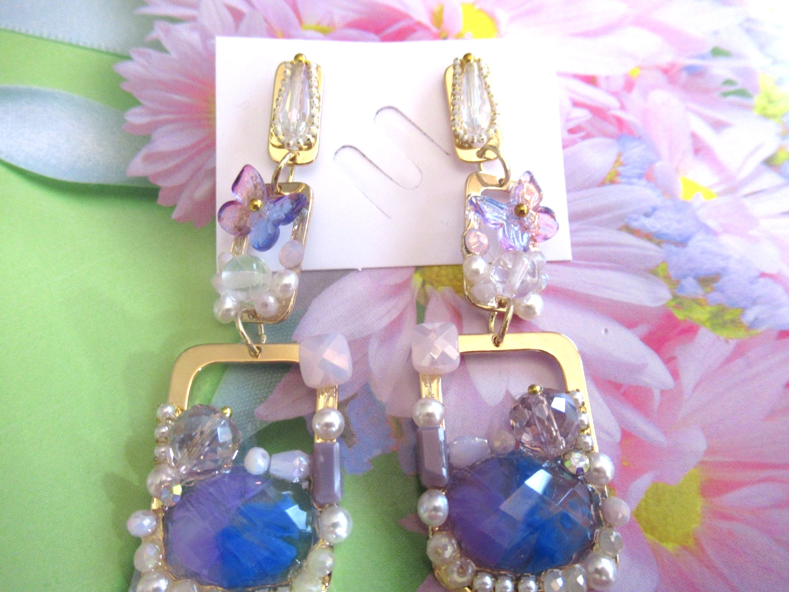 BEAUTIFUL GEMSTONES BLUE PINK BUTTERFLY GOLD DANGLE EARRINGS NWT