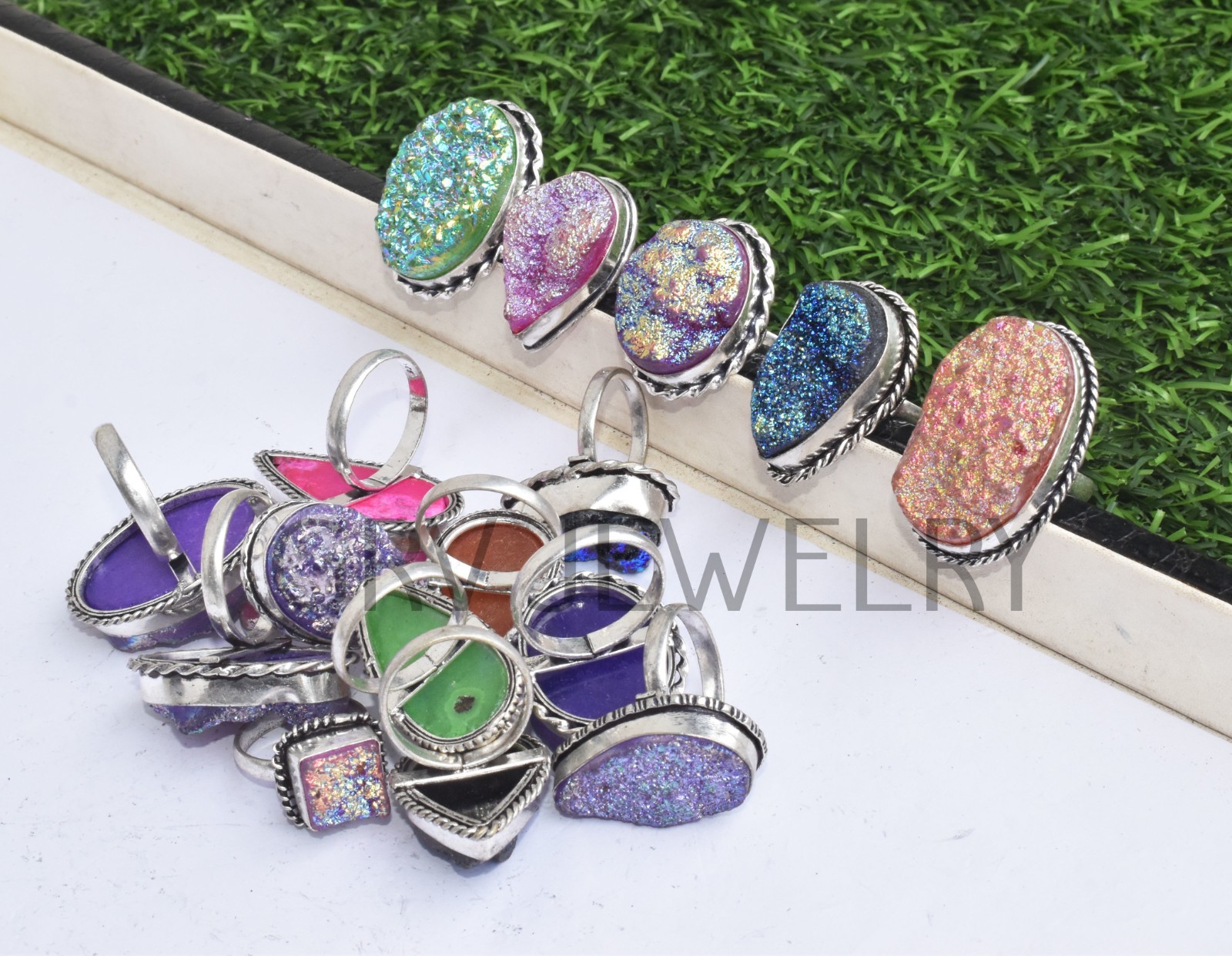 1-500 Pcs Coated Druzy In Wholesale Gemstone Rings Lot: Silver Plated Whr-69